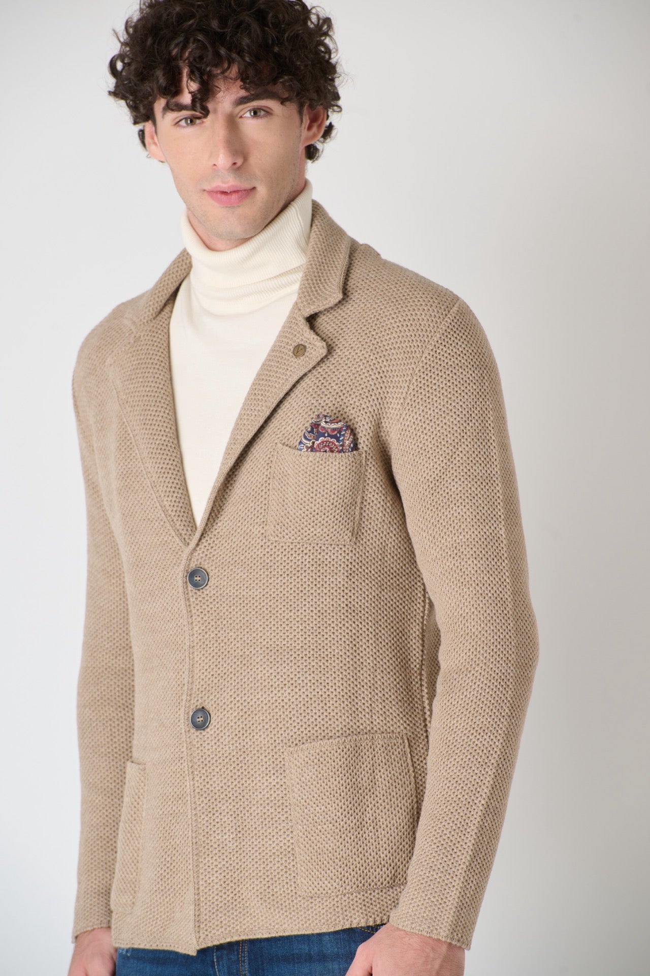 Single Breasted Dove Grey Partridge Eye Knit Jacket with Fabric Pocket Square V2