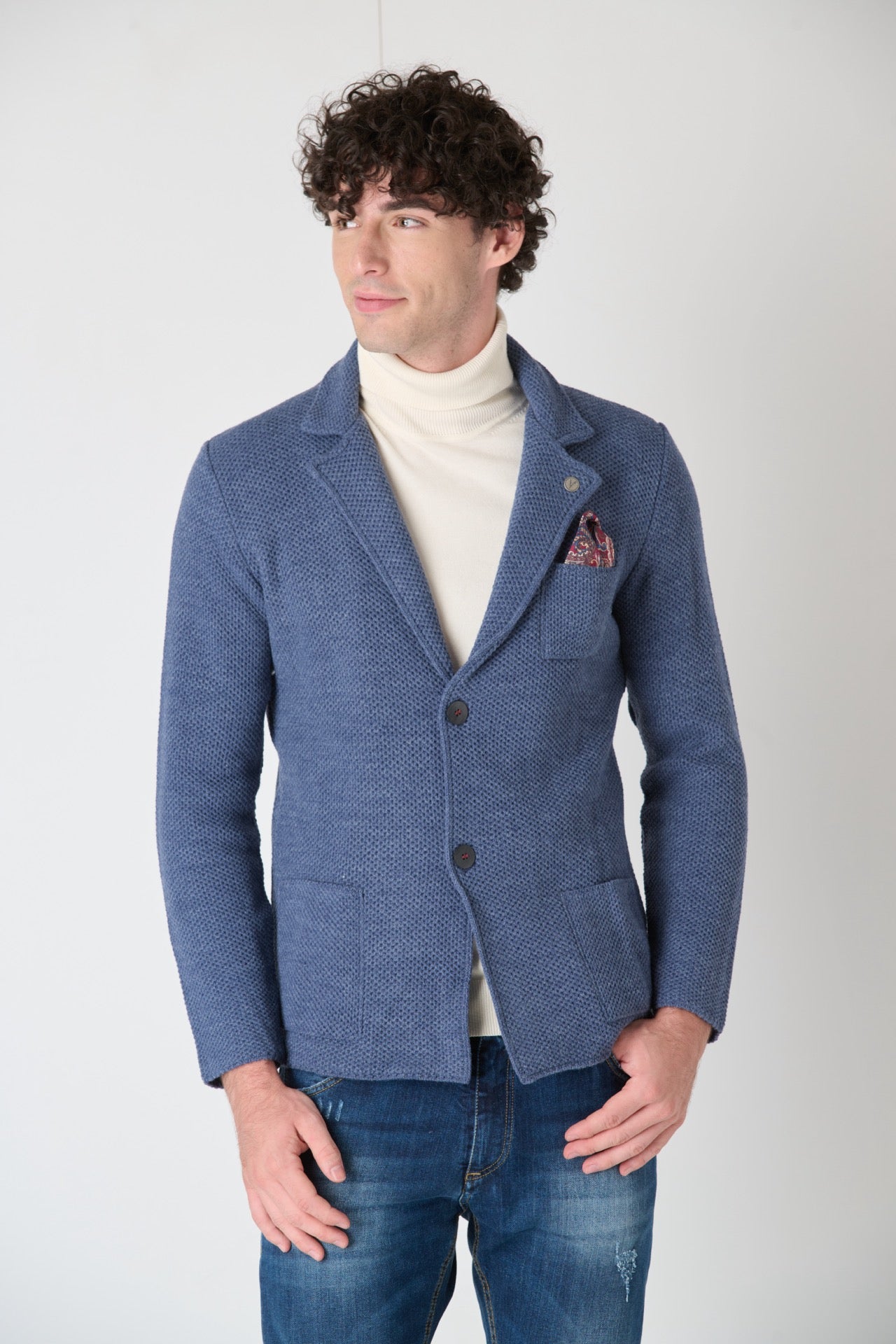 Single Breasted Knit Jacket Occhio di Pernice Jeans with Fabric Pocket Square V2