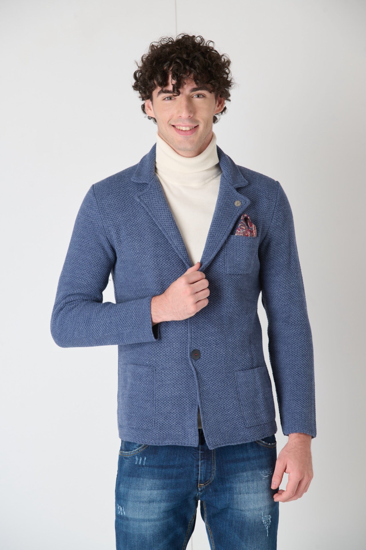 Single Breasted Knit Jacket Occhio di Pernice Jeans with Fabric Pocket Square V2