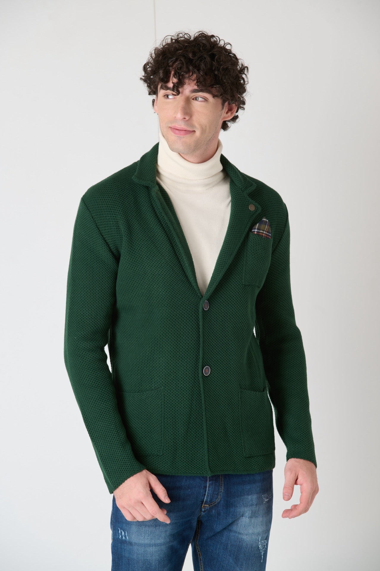 Giacca Monopetto in maglia Occhio di Pernice Verde con Pochette in tessuto V2