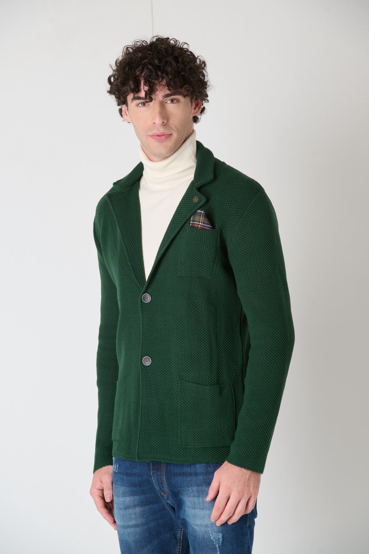 Giacca Monopetto in maglia Occhio di Pernice Verde con Pochette in tessuto V2