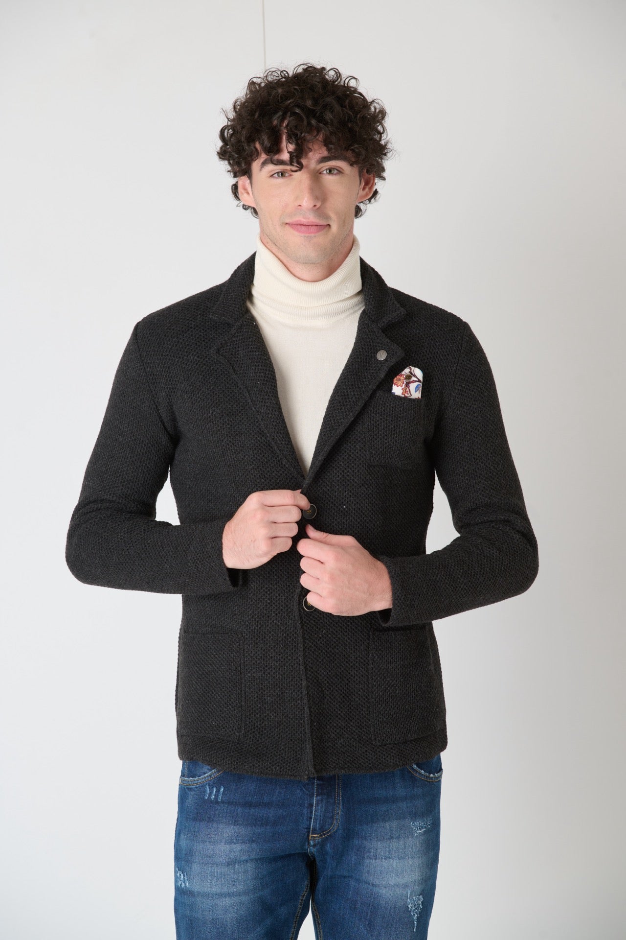 Anthracite Grey Occhio di Pernice Single Breasted Knit Jacket with Fabric Pocket Square V2