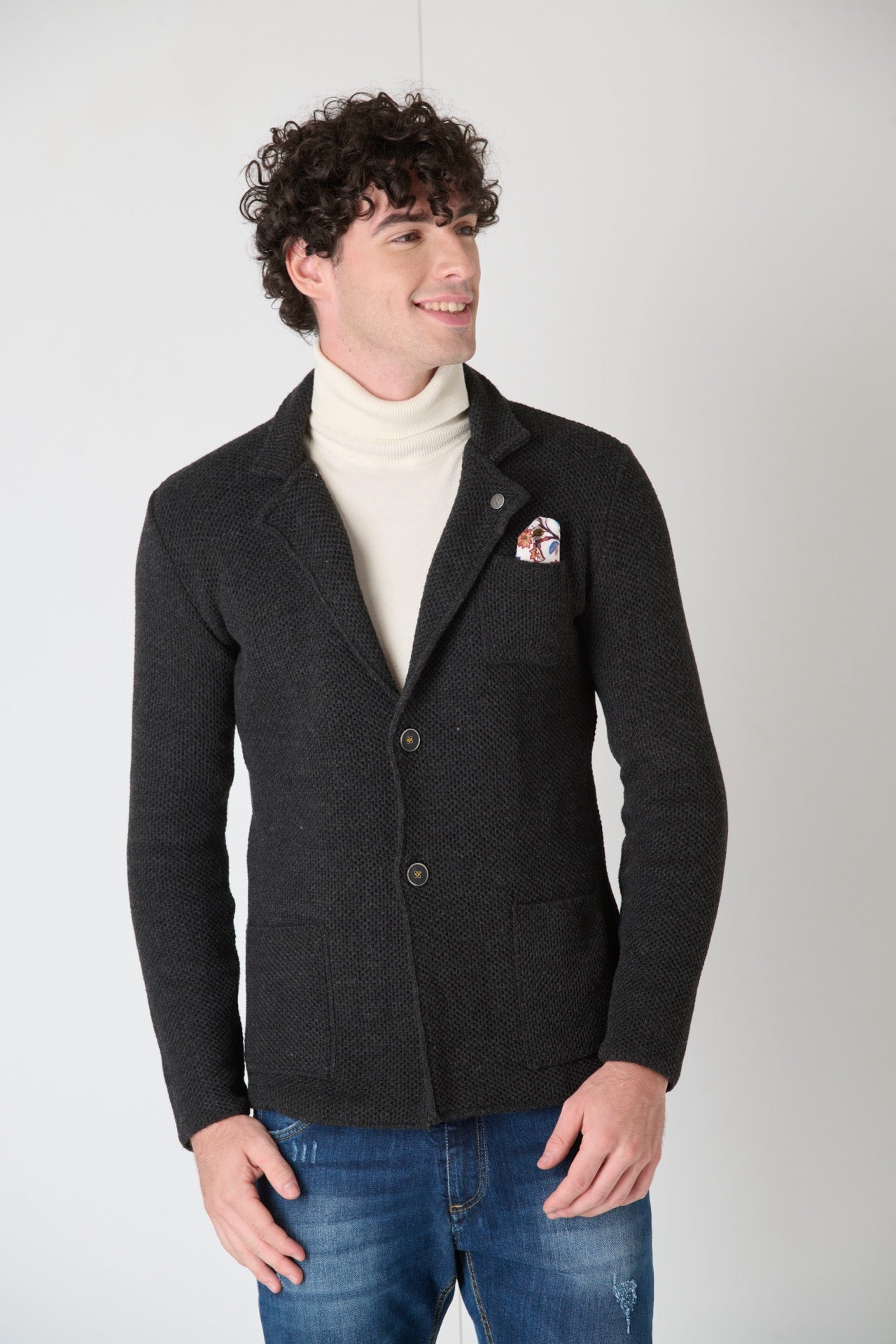 Anthracite Grey Occhio di Pernice Single Breasted Knit Jacket with Fabric Pocket Square V2