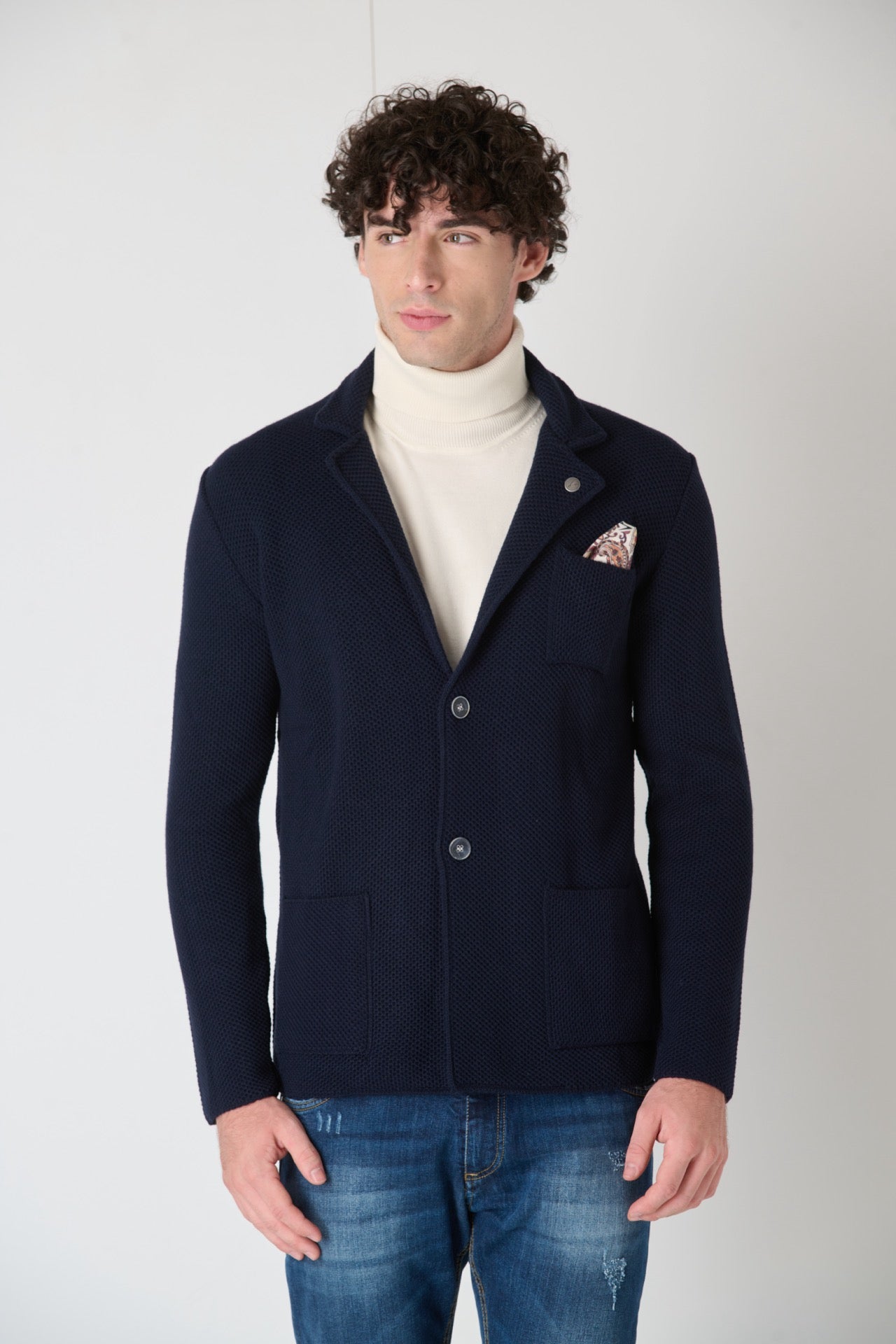 Single Breasted Blue Partridge Eye Knit Jacket with Fabric Pocket Square V2