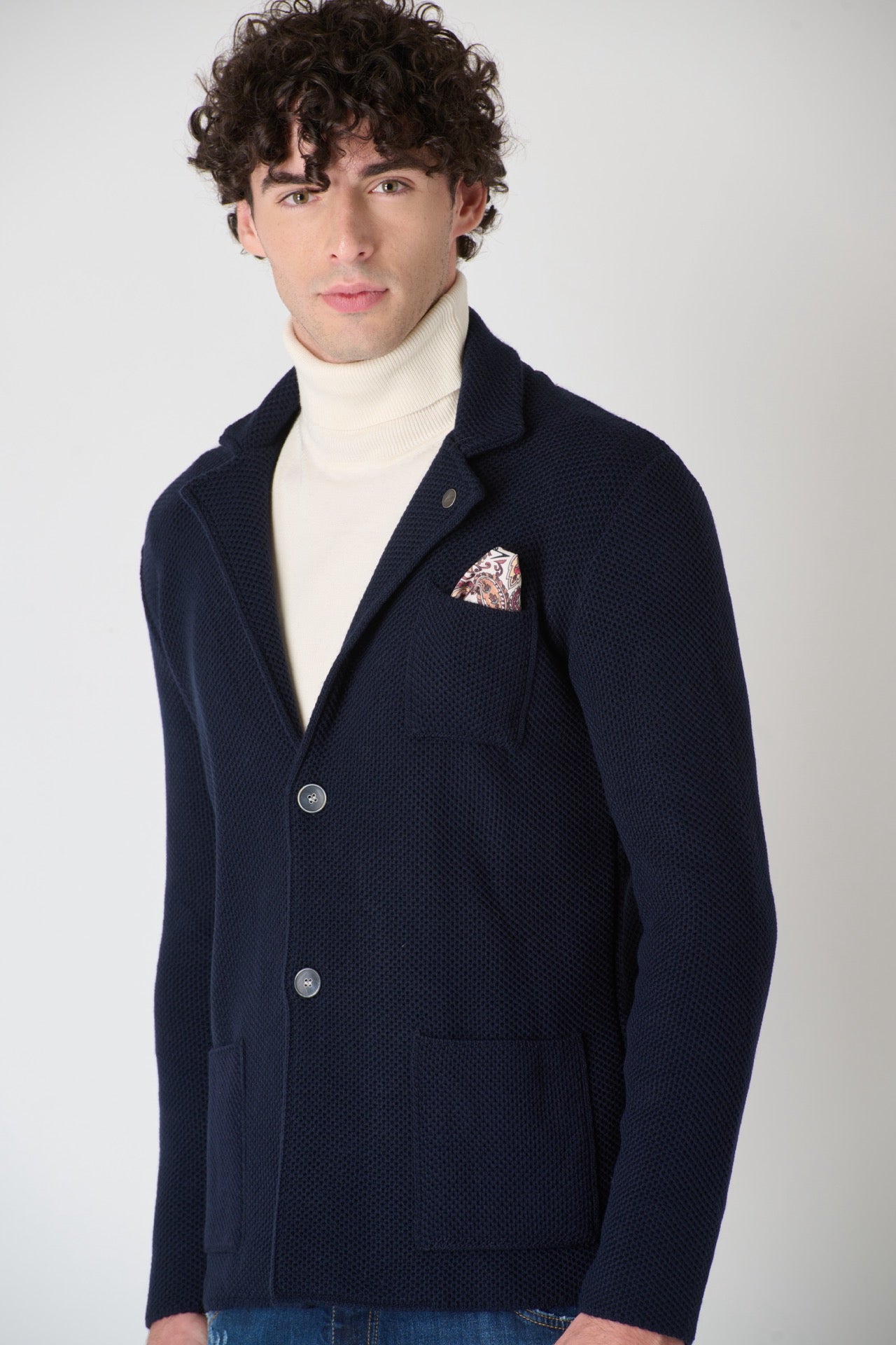 Single Breasted Blue Partridge Eye Knit Jacket with Fabric Pocket Square V2