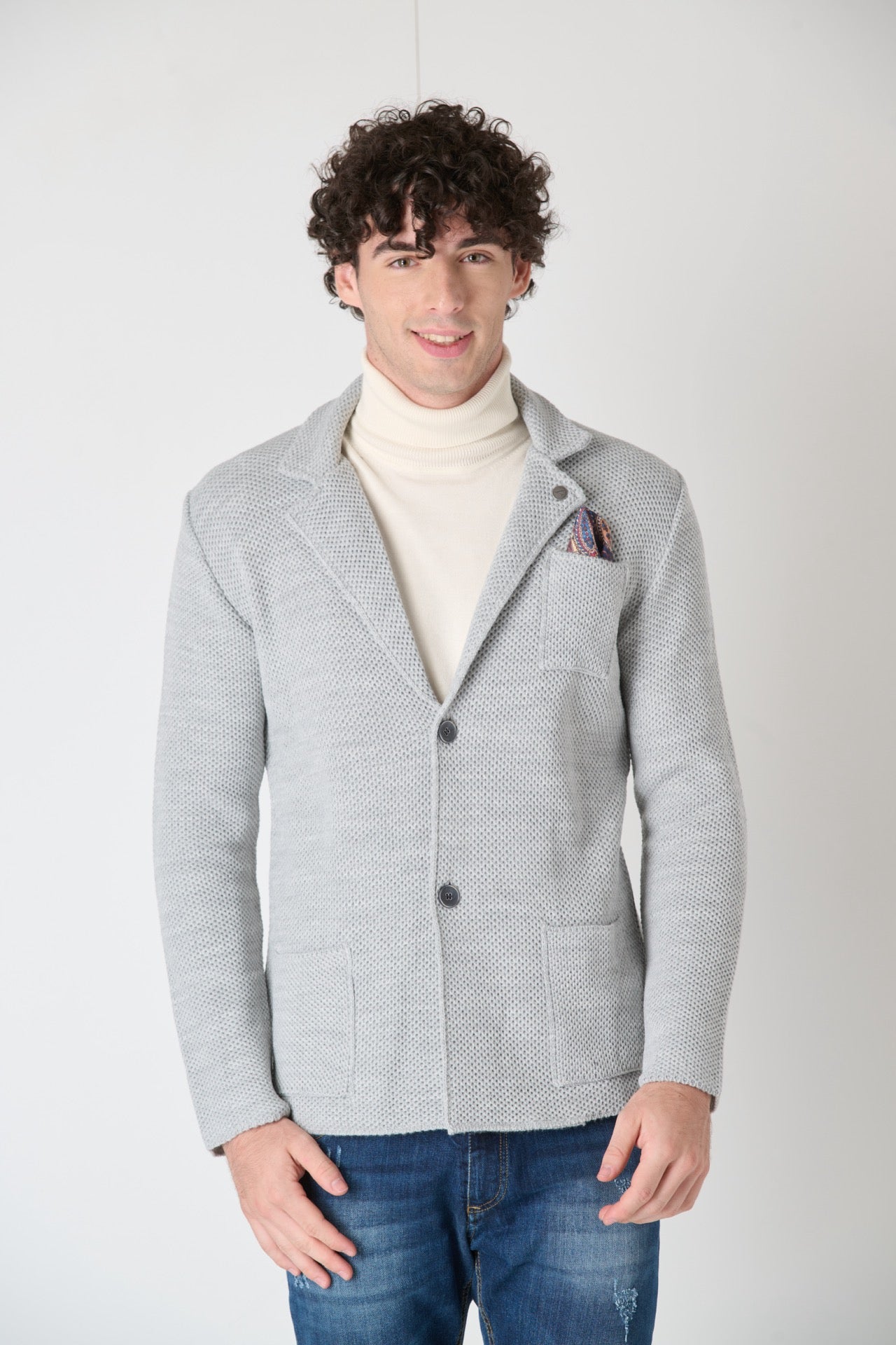 Pearl Grey Partridge Eye Knit Single Breasted Jacket with Fabric Pocket Square V2