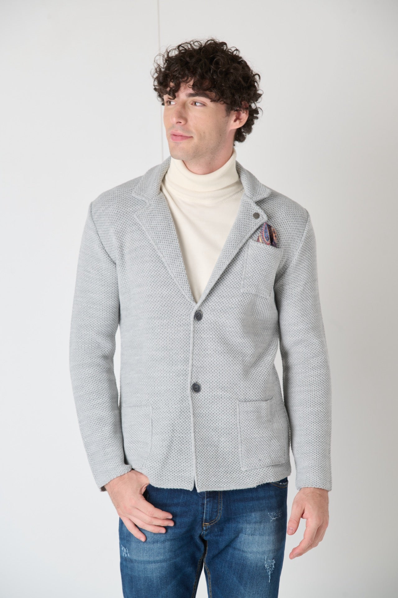 Pearl Grey Partridge Eye Knit Single Breasted Jacket with Fabric Pocket Square V2