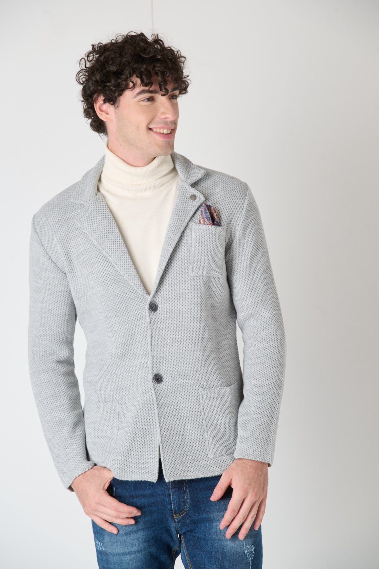 Pearl Grey Partridge Eye Knit Single Breasted Jacket with Fabric Pocket Square V2