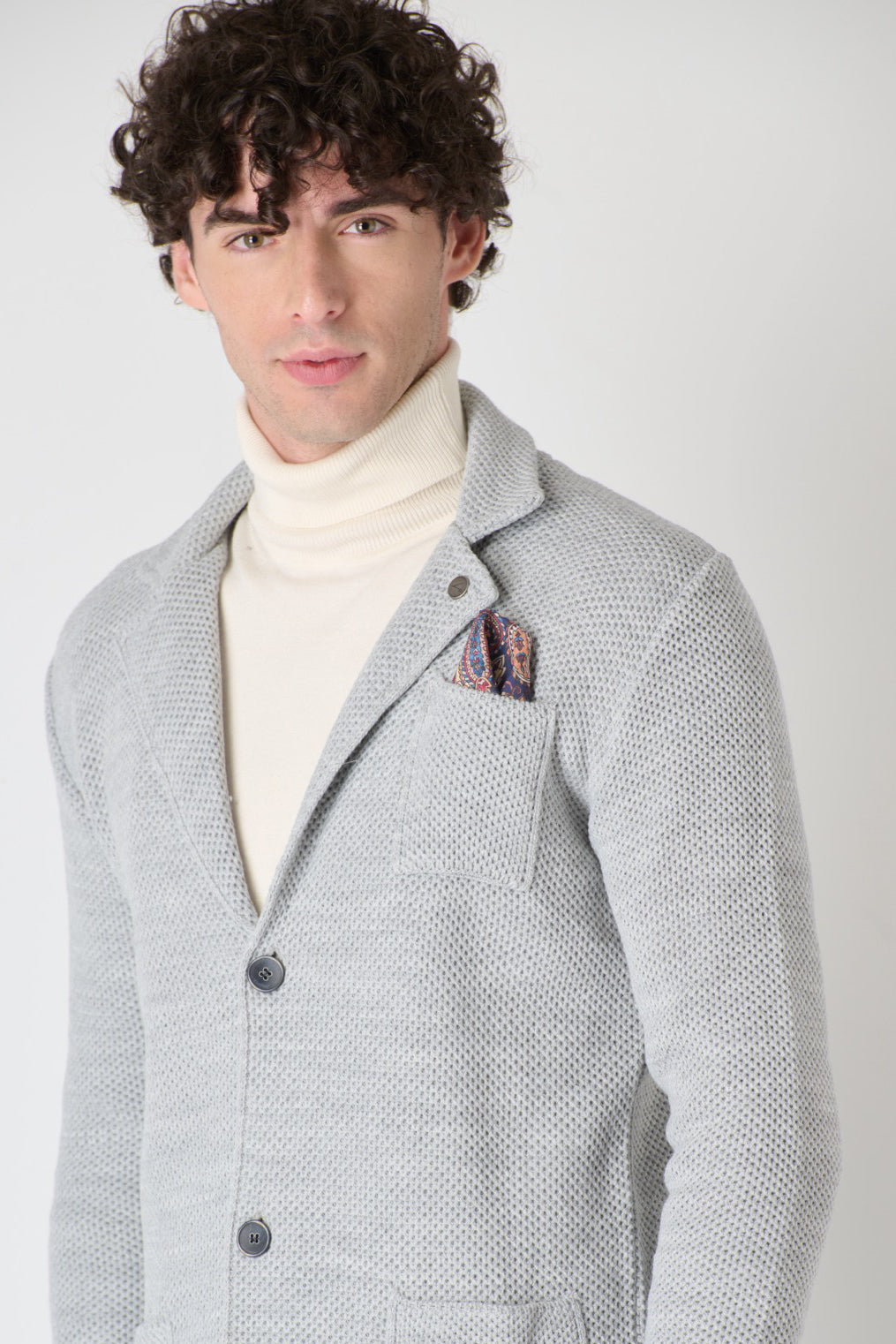 Pearl Grey Partridge Eye Knit Single Breasted Jacket with Fabric Pocket Square V2