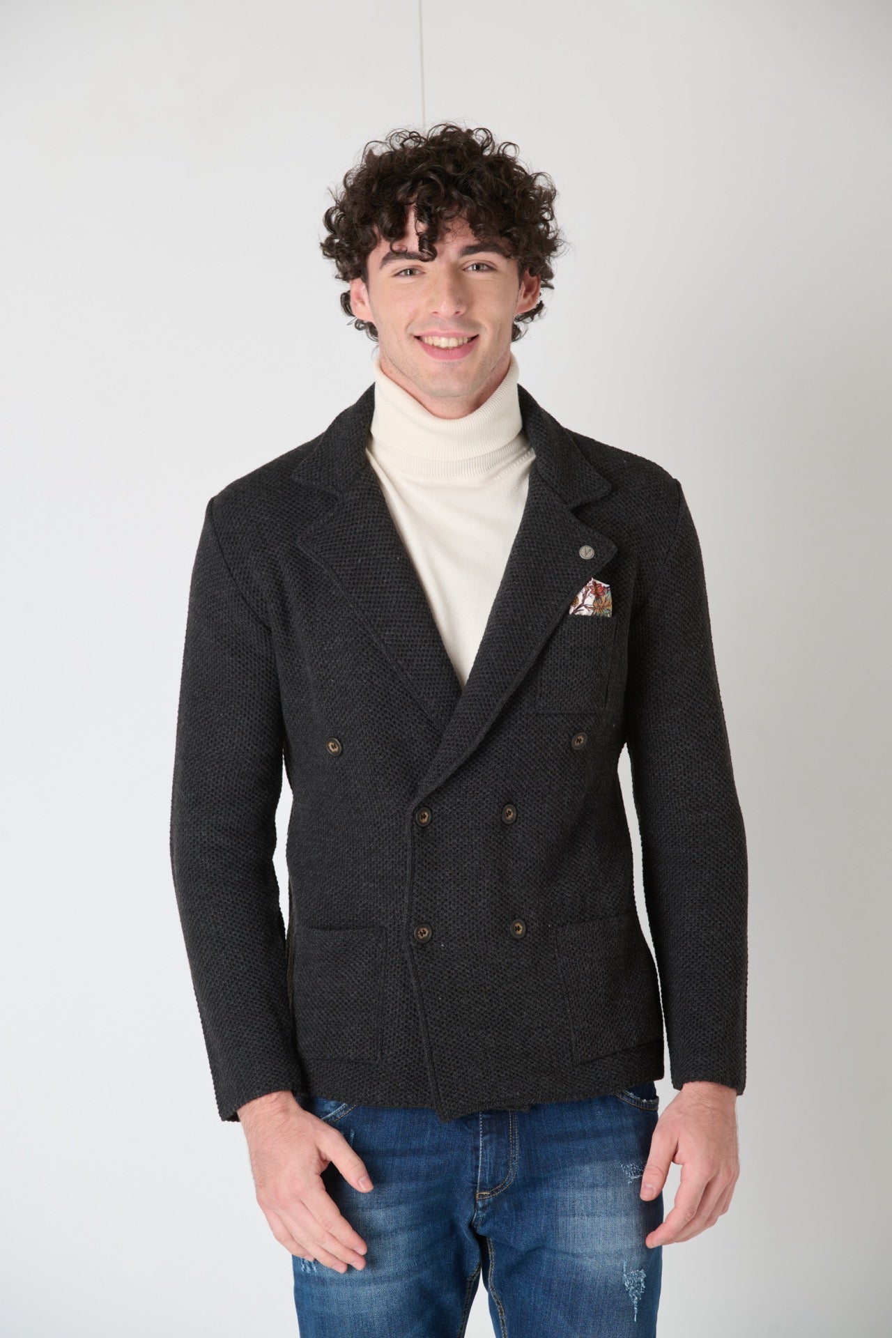 Anthracite Grey Partridge Eye Knit Double Breasted Jacket with Fabric Pocket Square V2