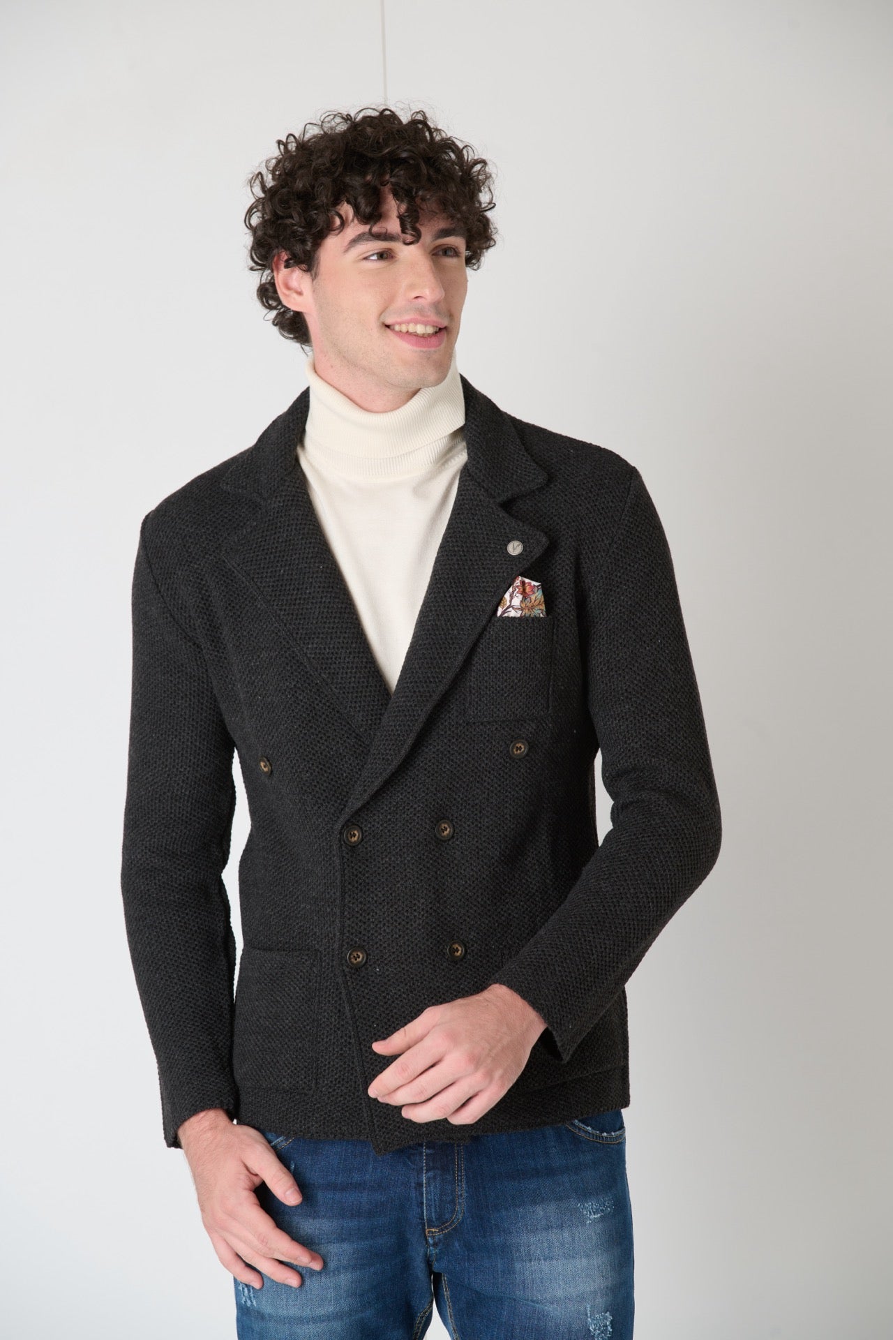 Anthracite Grey Partridge Eye Knit Double Breasted Jacket with Fabric Pocket Square V2