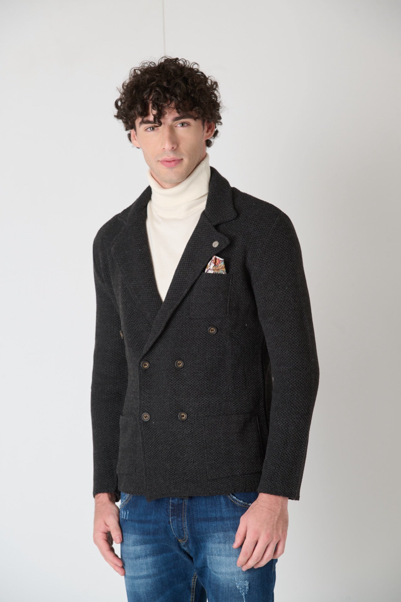 Anthracite Grey Partridge Eye Knit Double Breasted Jacket with Fabric Pocket Square V2