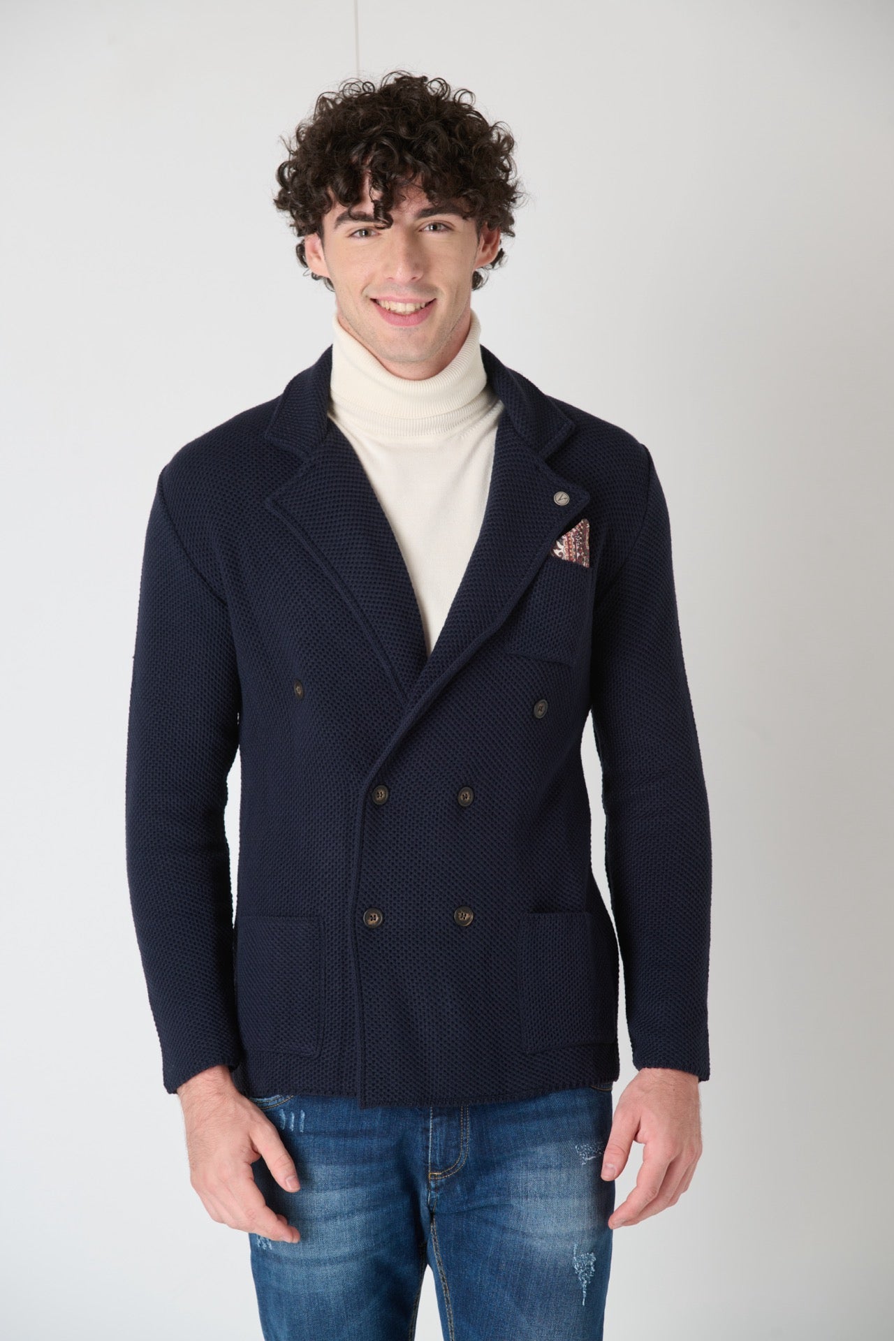 Blue Partridge Eye Knit Double Breasted Jacket with Fabric Pocket Square V2