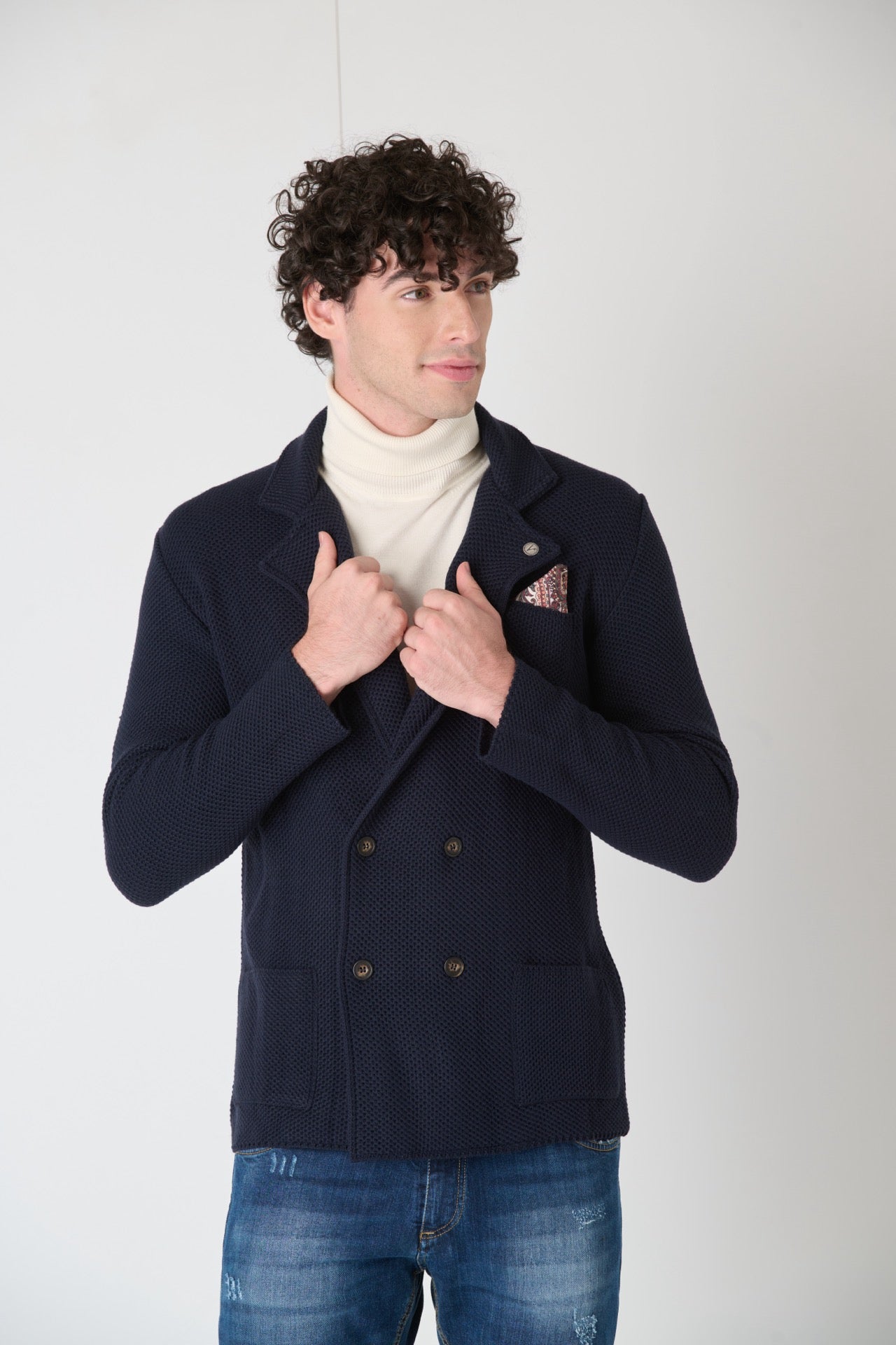 Blue Partridge Eye Knit Double Breasted Jacket with Fabric Pocket Square V2