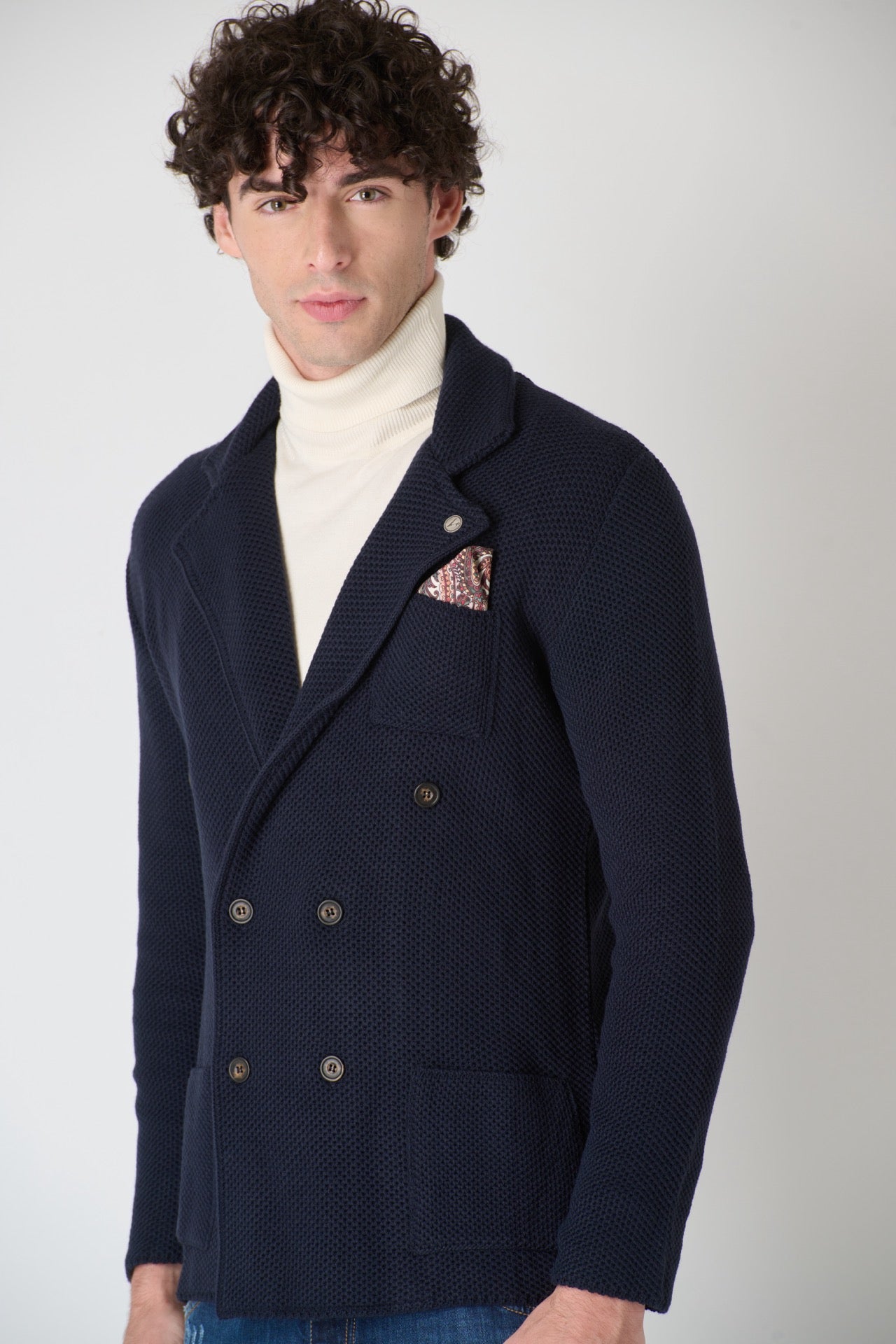 Blue Partridge Eye Knit Double Breasted Jacket with Fabric Pocket Square V2