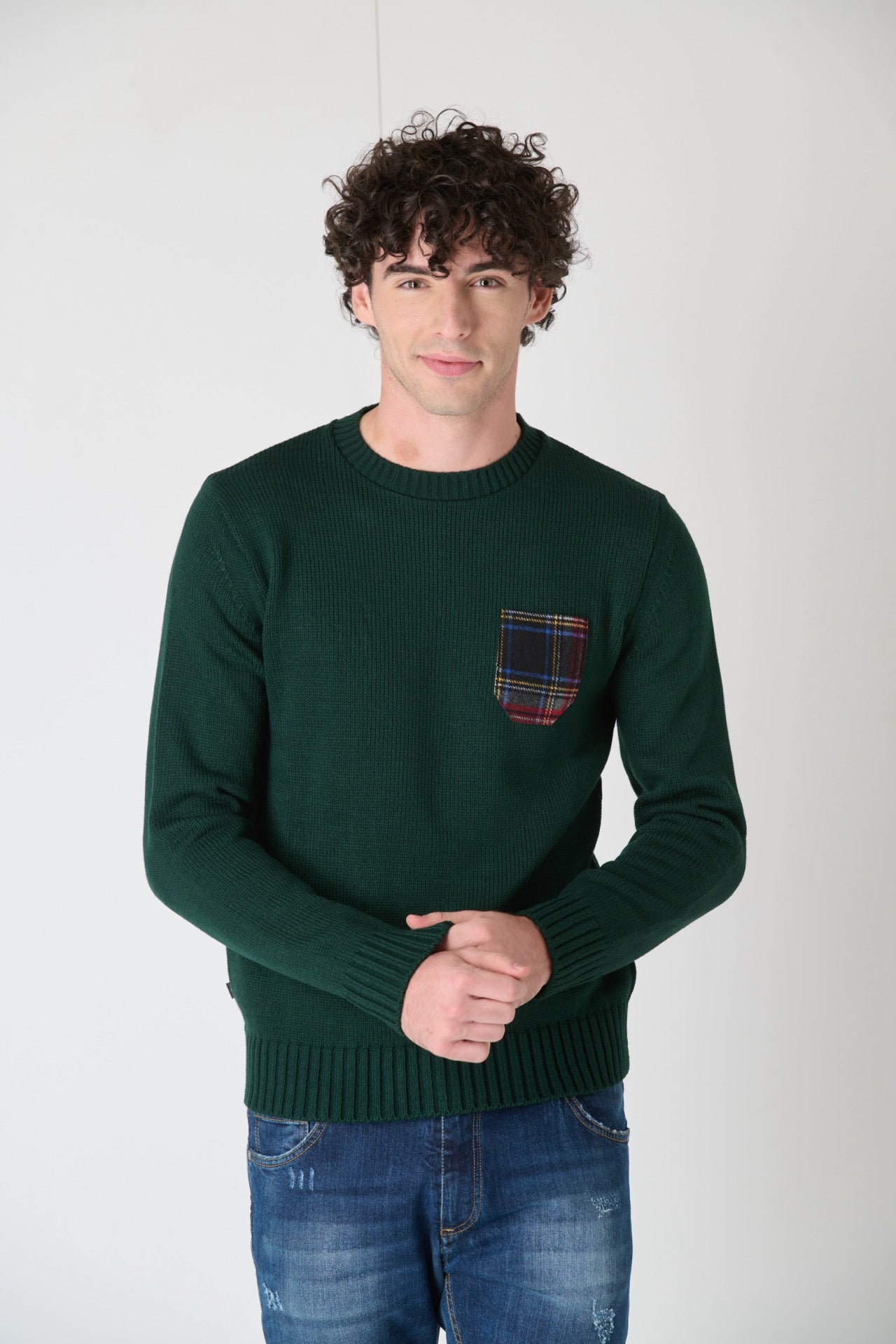 Maglione Girocollo rasato Verde con Taschino in Tessuto V2