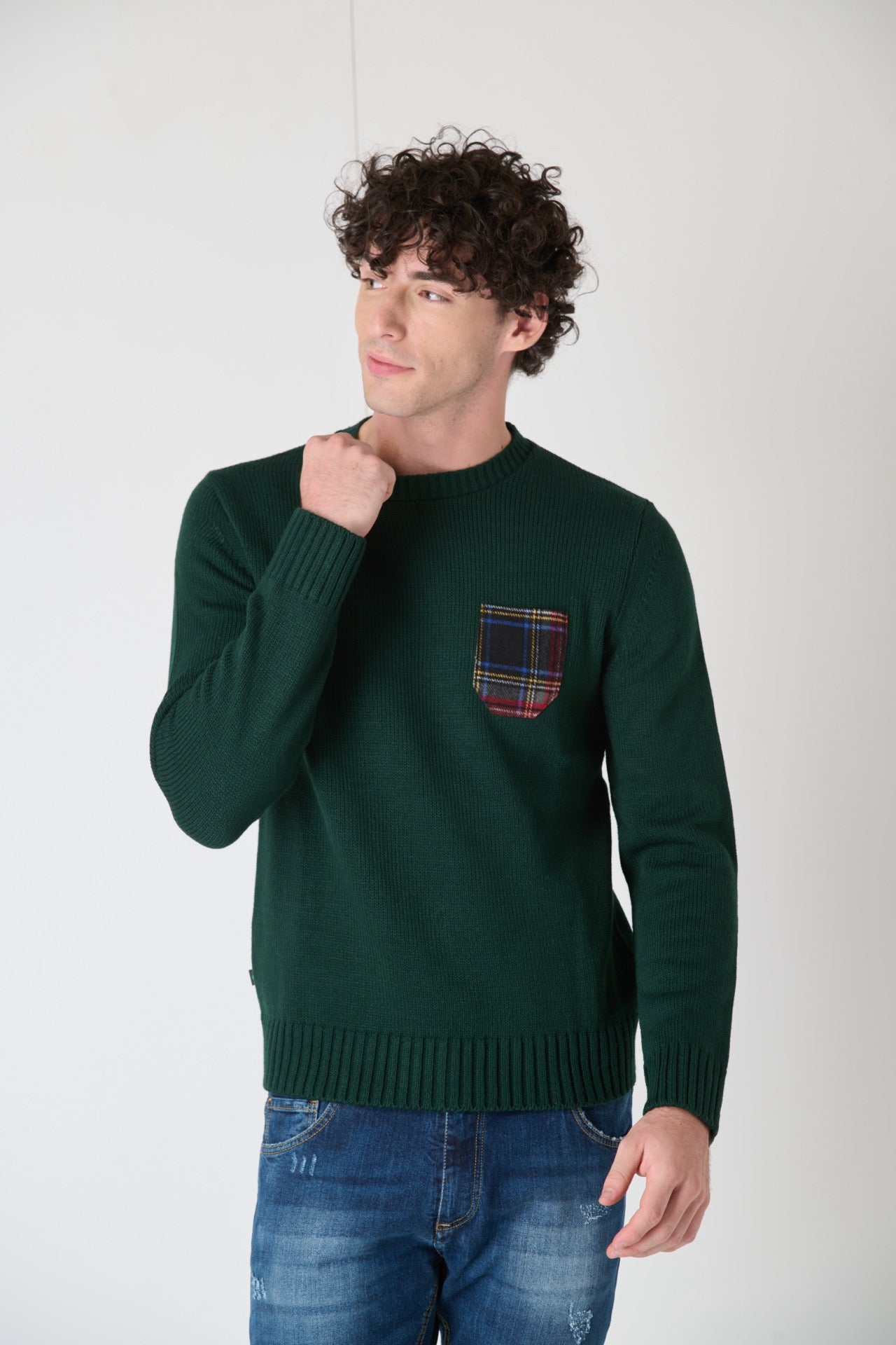 Maglione Girocollo rasato Verde con Taschino in Tessuto V2