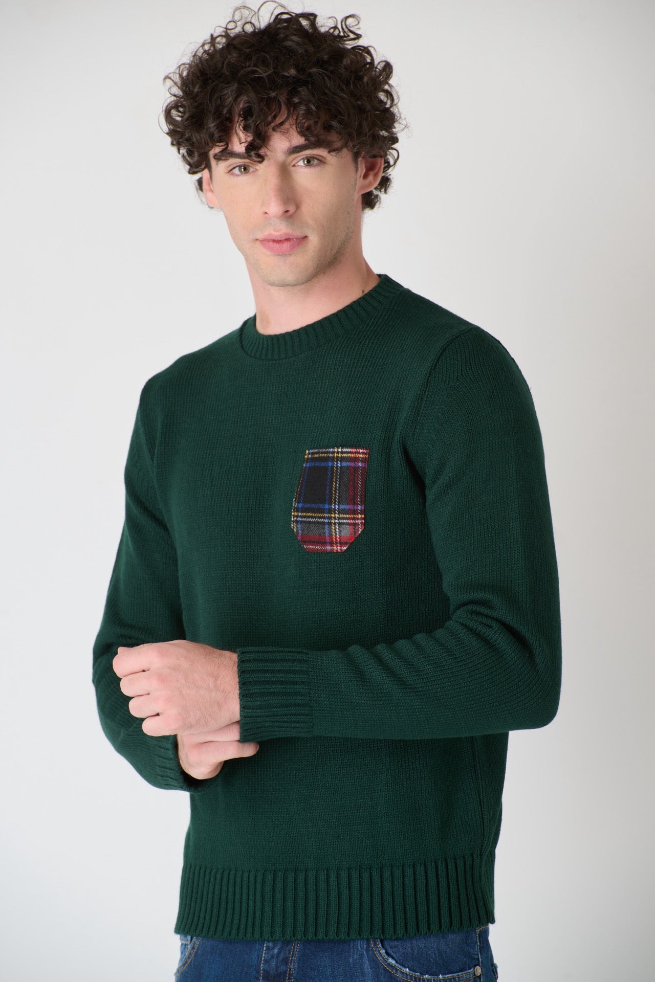 Maglione Girocollo rasato Verde con Taschino in Tessuto V2