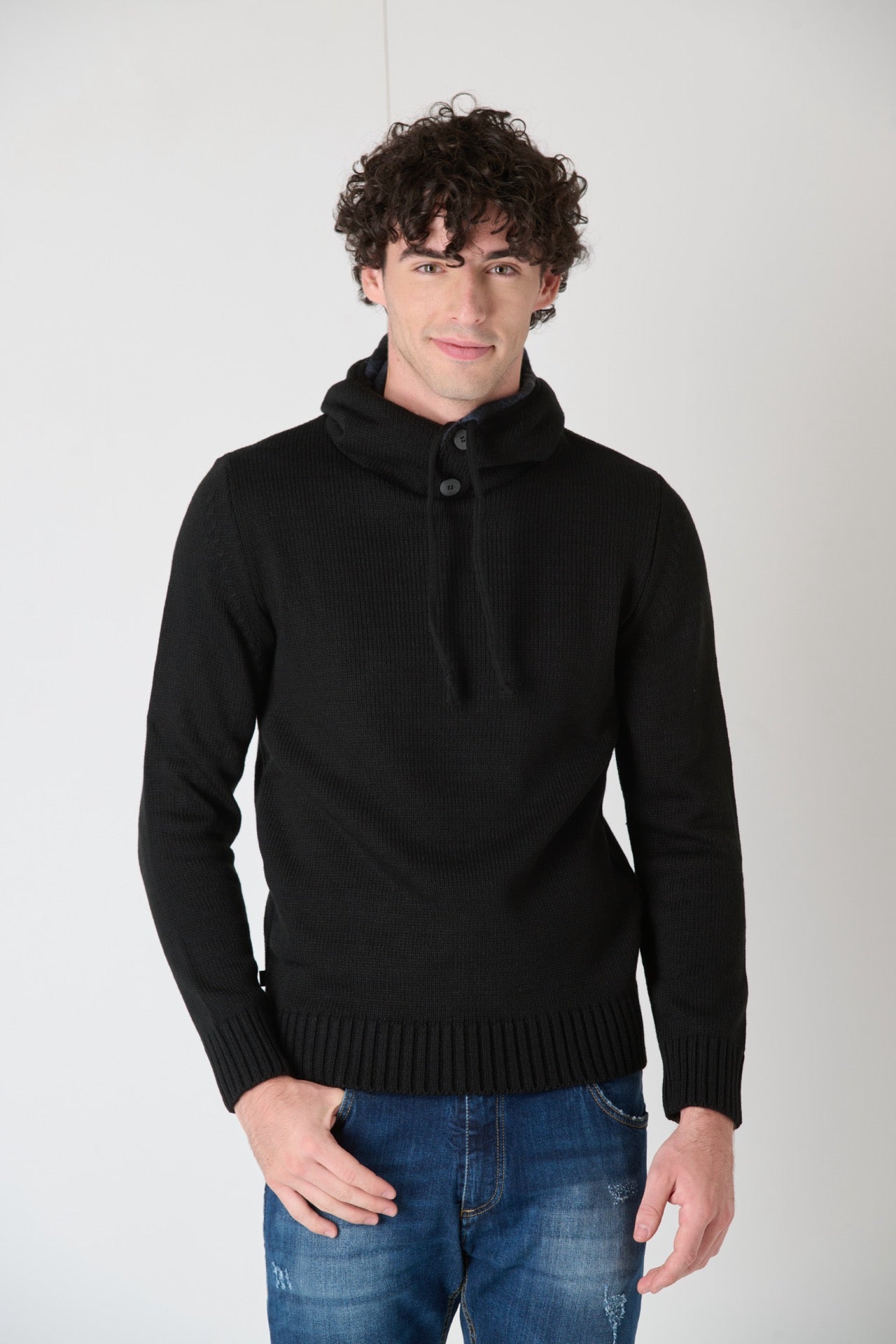 Black Knitwear Hoodie with Fabric Lined Hood V2