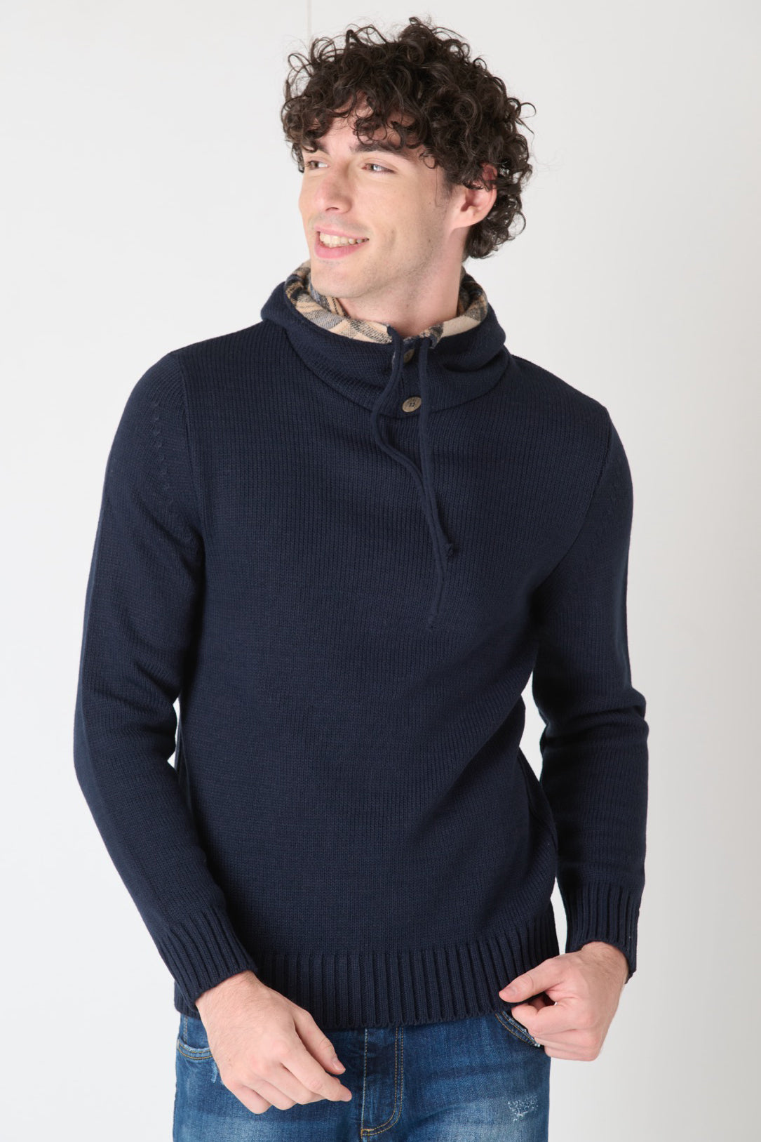 Blue Knitwear Sweatshirt with Fabric-Lined Hood V2