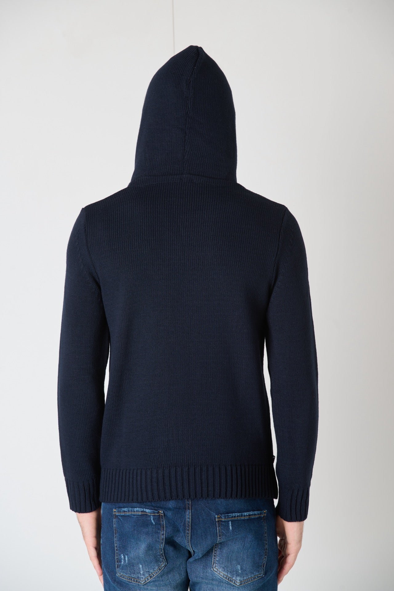 Blue Knitwear Sweatshirt with Fabric-Lined Hood V2