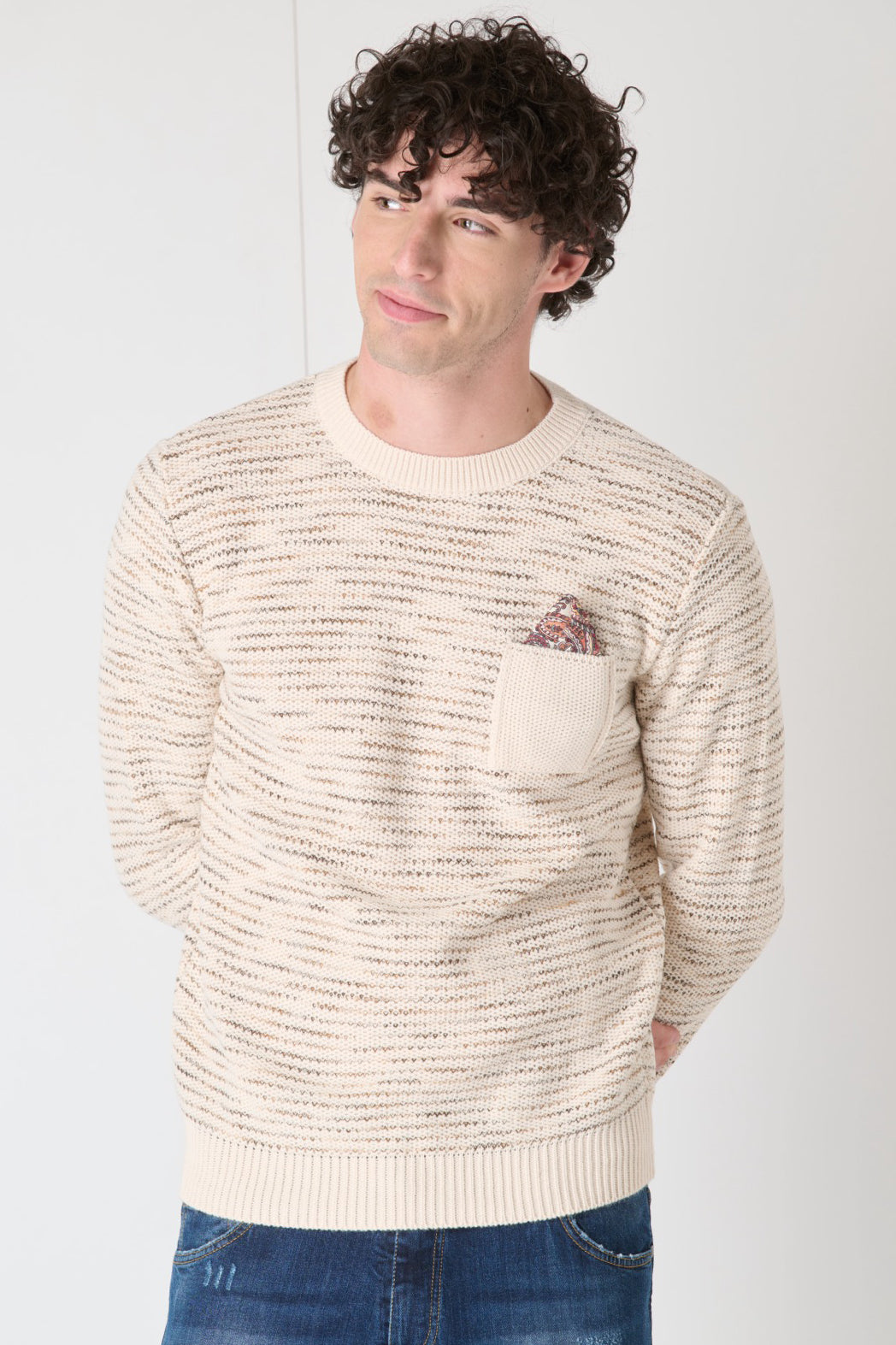 Bicolor Bird's Eye Crewneck Sweater with Pocket and Fabric Pouch V2