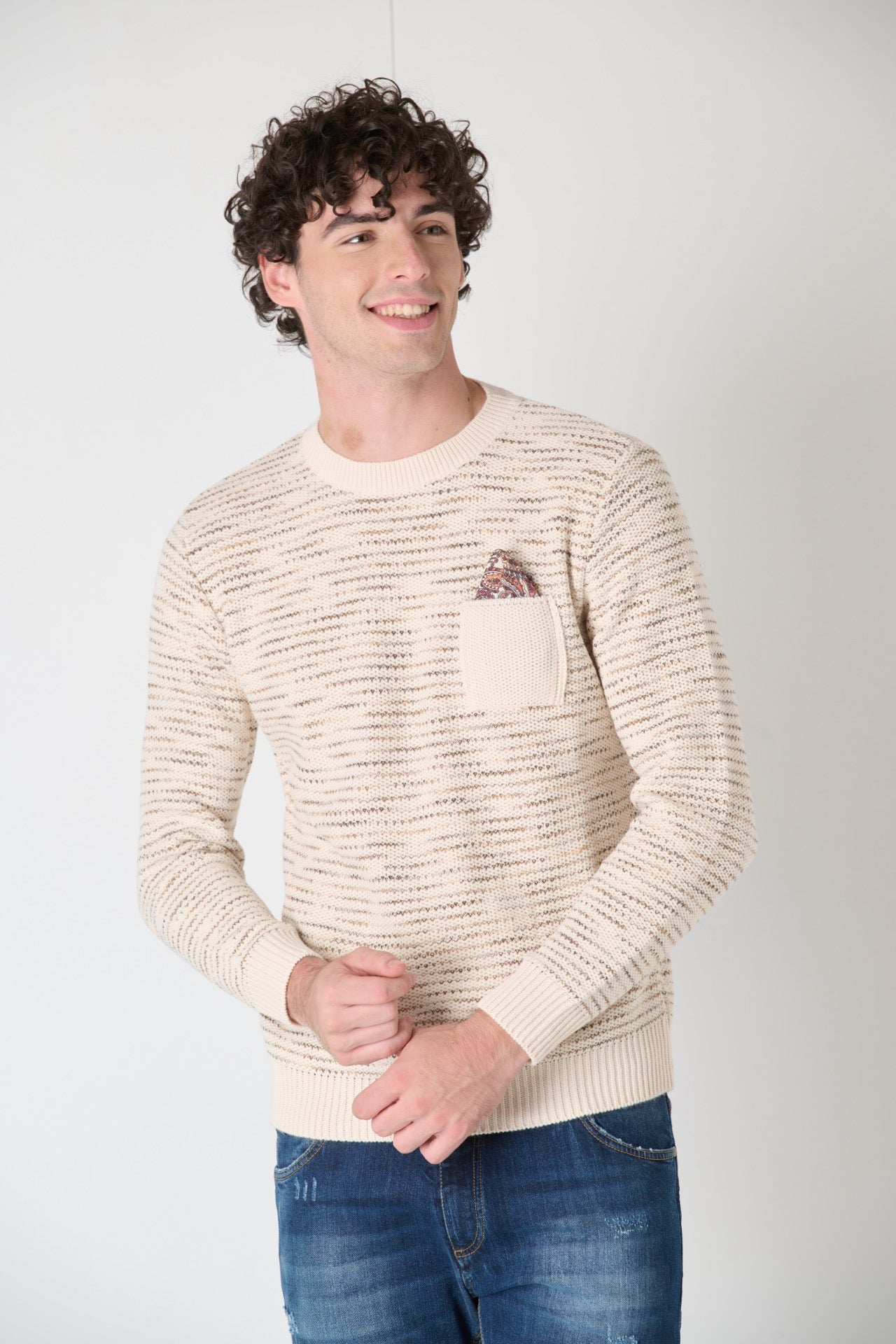 Maglione Girocollo Occhio di Pernice Bicolor con Taschino e Pochette in Tessuto V2