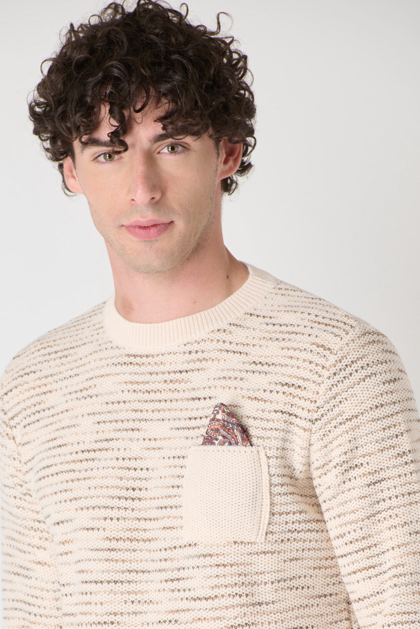 Bicolor Bird's Eye Crewneck Sweater with Pocket and Fabric Pouch V2