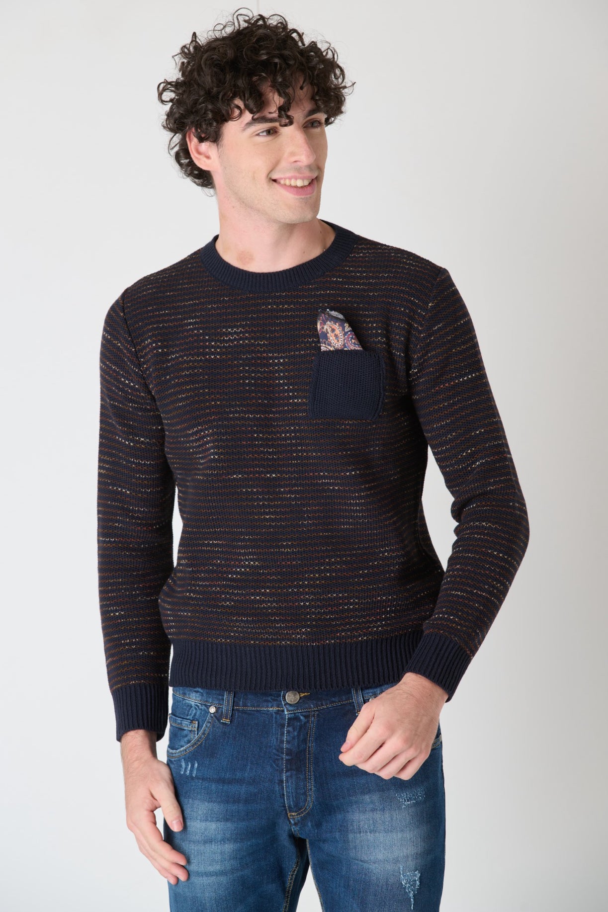 Maglione Girocollo Occhio di Pernice Bicolor con Taschino e Pochette in Tessuto V2