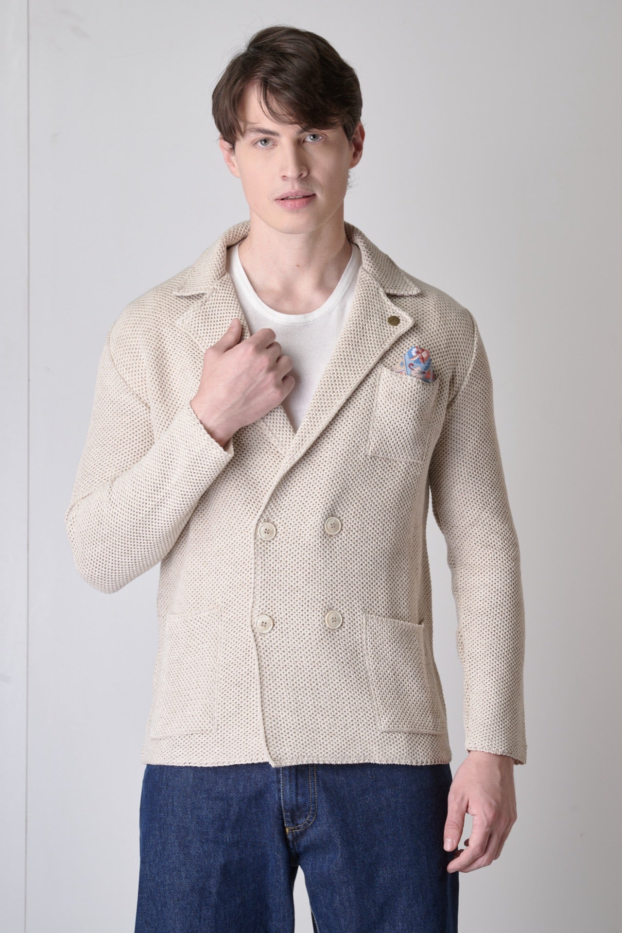 Double-breasted Sand Partridge Jacket with inner collar and pocket square in V2 fabric