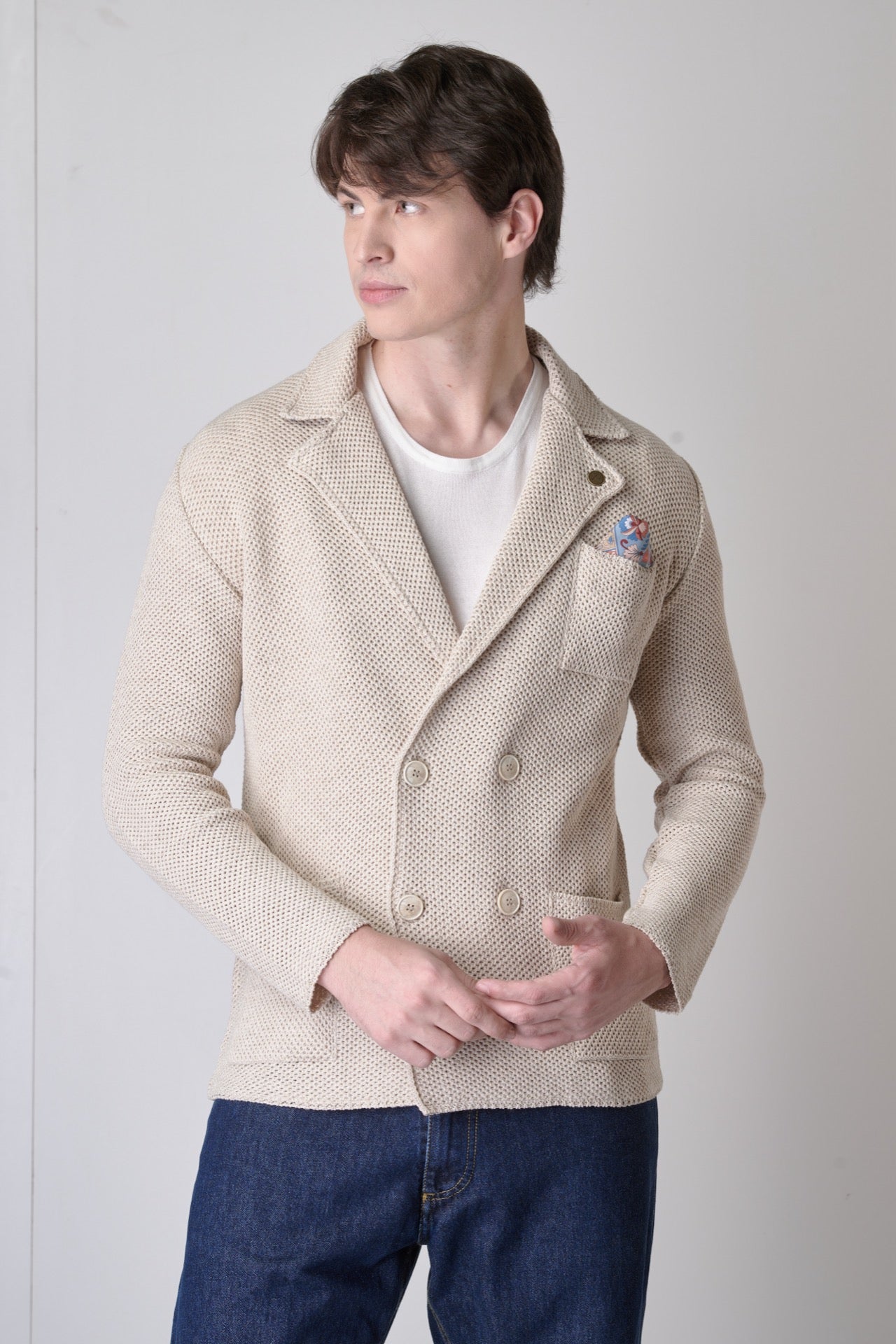 Double-breasted Sand Partridge Jacket with inner collar and pocket square in V2 fabric