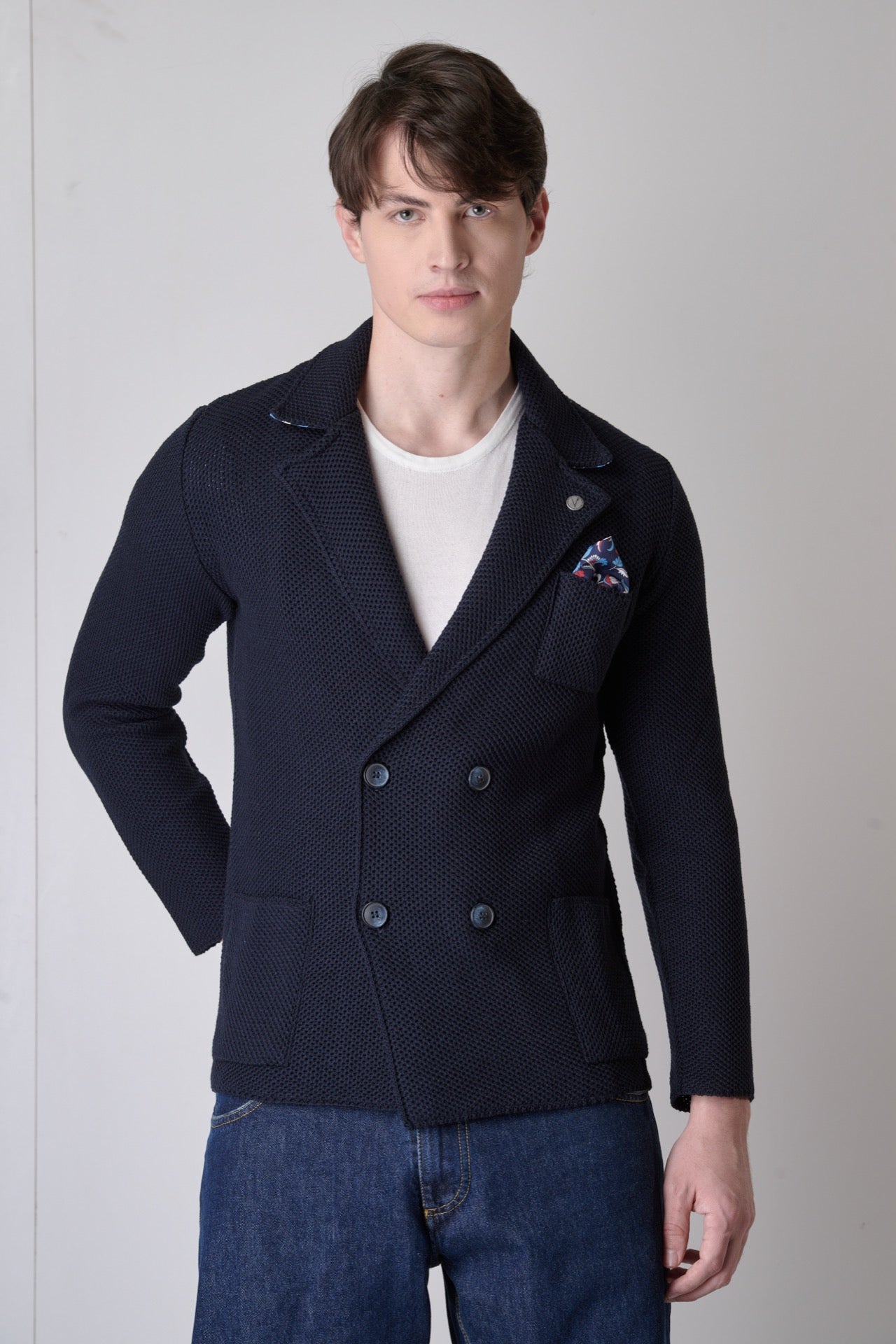 Blue Bird's Eye Double-breasted Jacket with inner collar and pocket square in V2 fabric