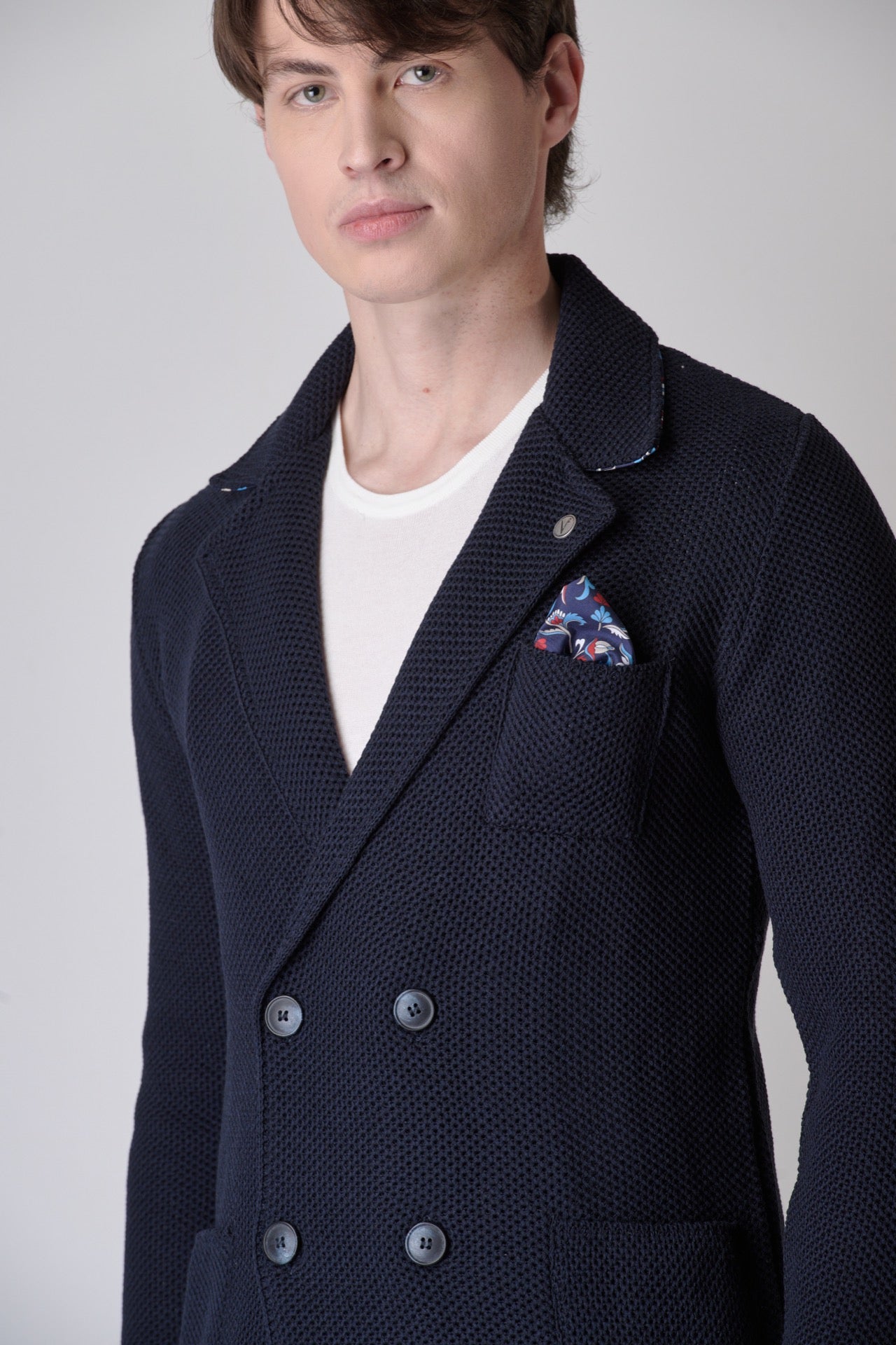 Blue Bird's Eye Double-breasted Jacket with inner collar and pocket square in V2 fabric