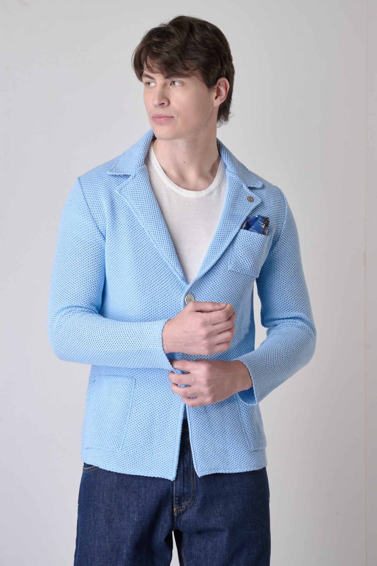 Blue Partridge Eye Single-breasted Jacket with inner collar and pocket square in V2 fabric