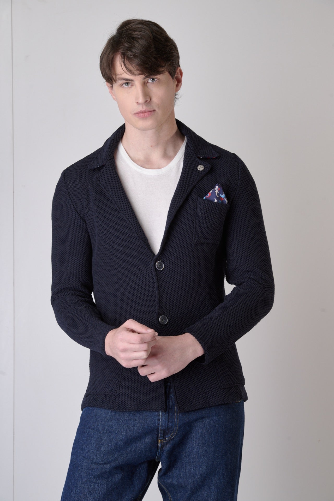 Blue Bird's Eye Single-Breasted Jacket with inner collar and pochette in V2 fabric