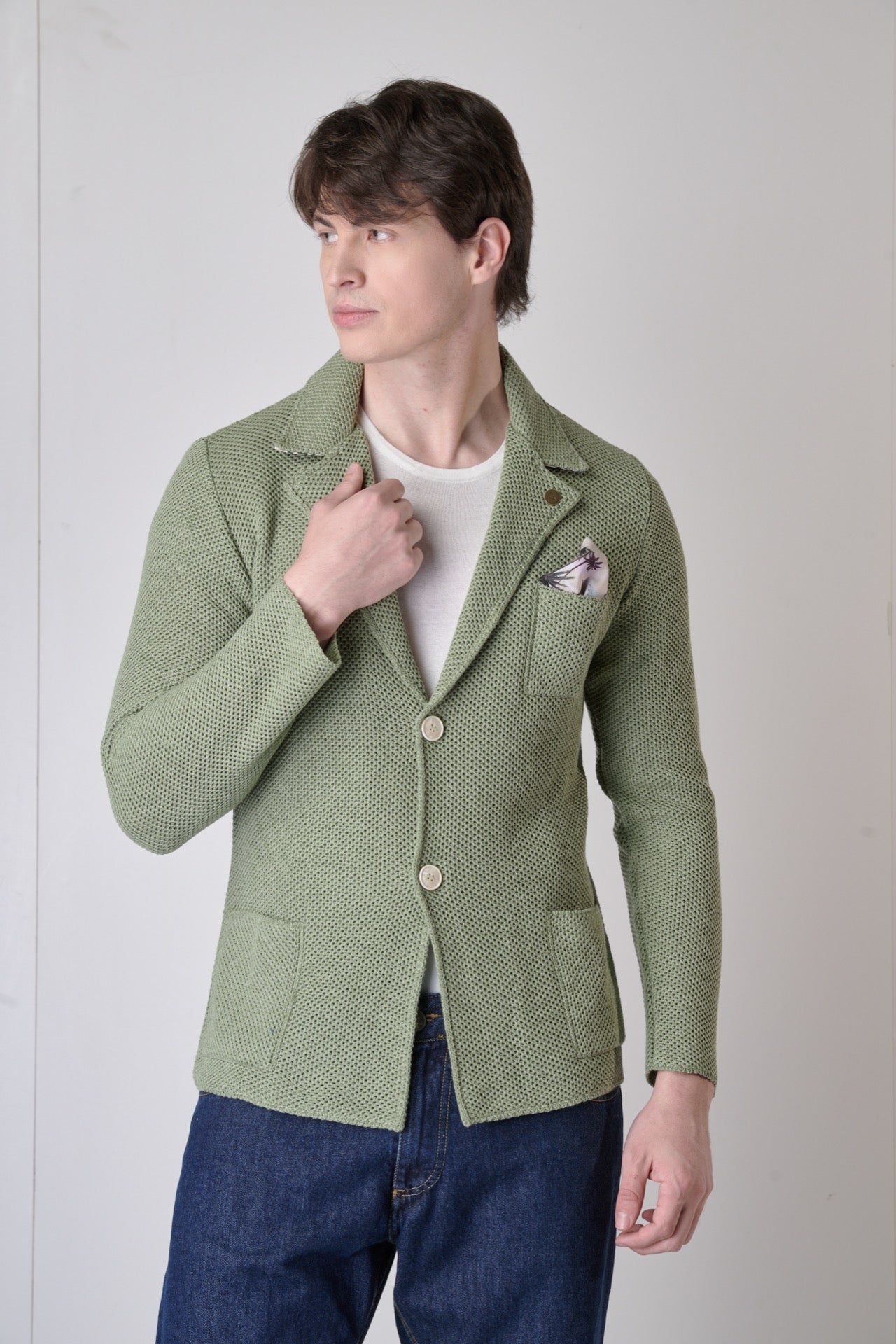 Single-breasted Pesto Bird's Eye jacket with inner collar and pocket square in V2 fabric