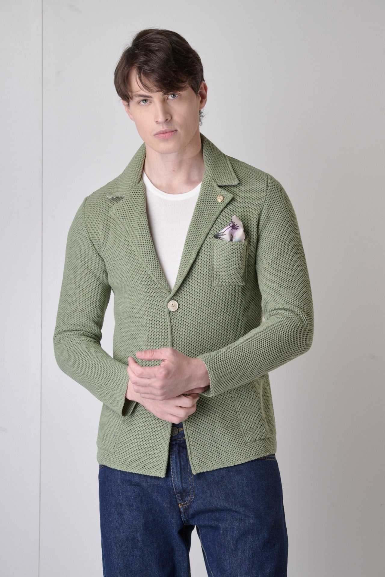 Single-breasted Pesto Bird's Eye jacket with inner collar and pocket square in V2 fabric