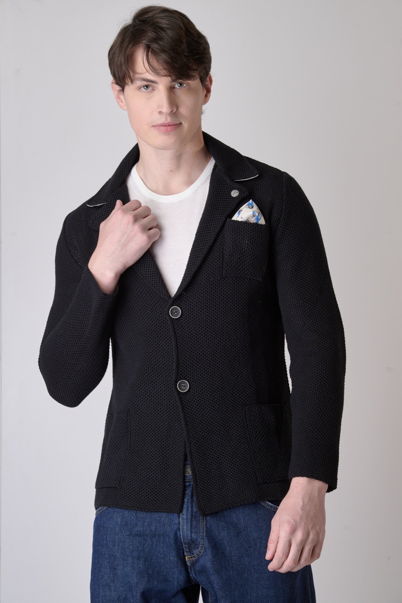 Single-breasted Black Partridge Eye jacket with inner collar and pocket square in V2 fabric