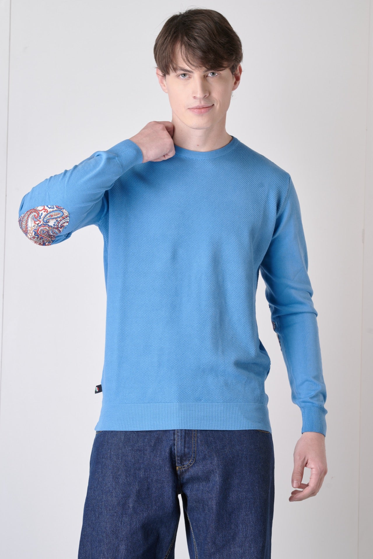 Light blue rice stitch sweater with fabric patches V2