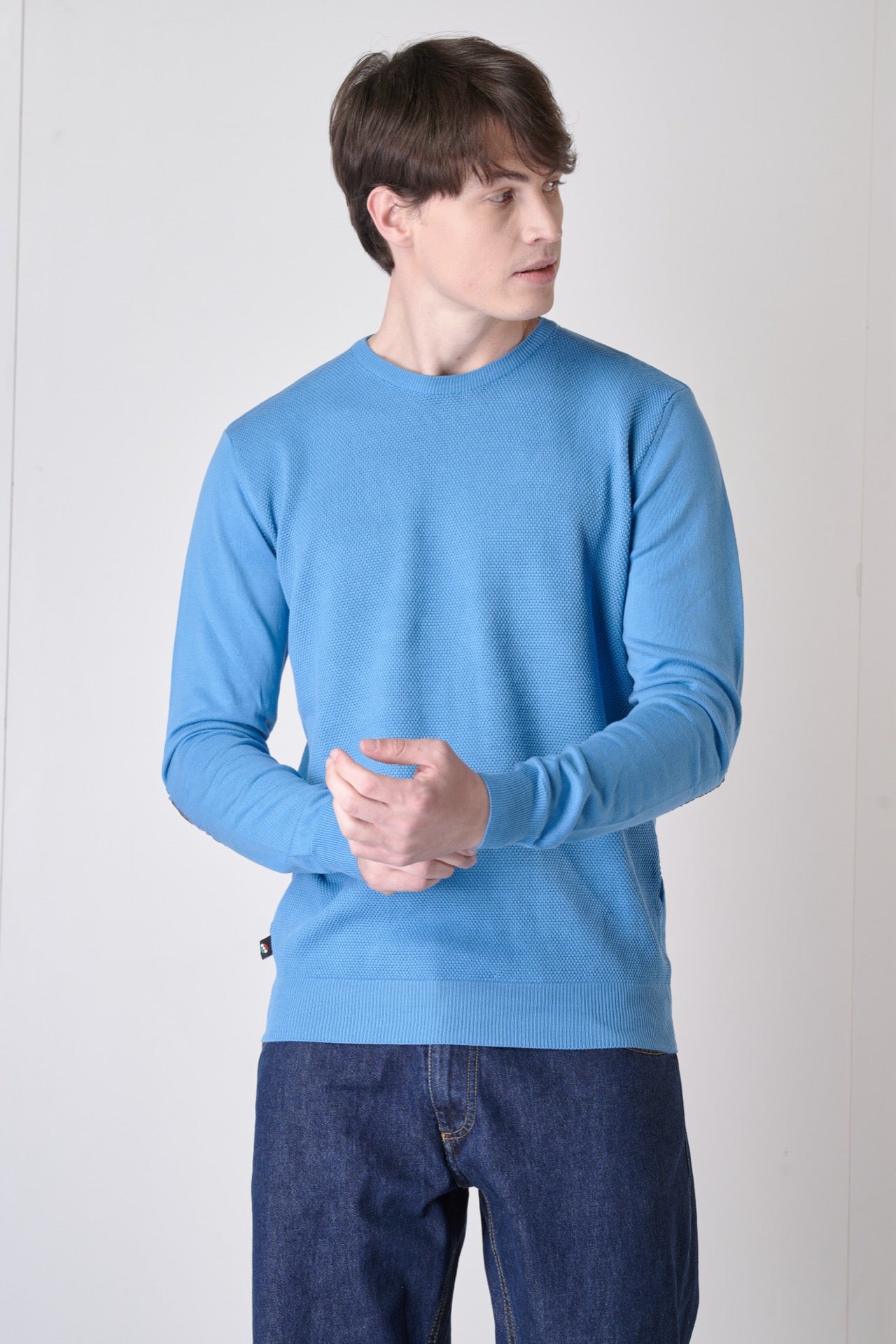 Light blue rice stitch sweater with fabric patches V2