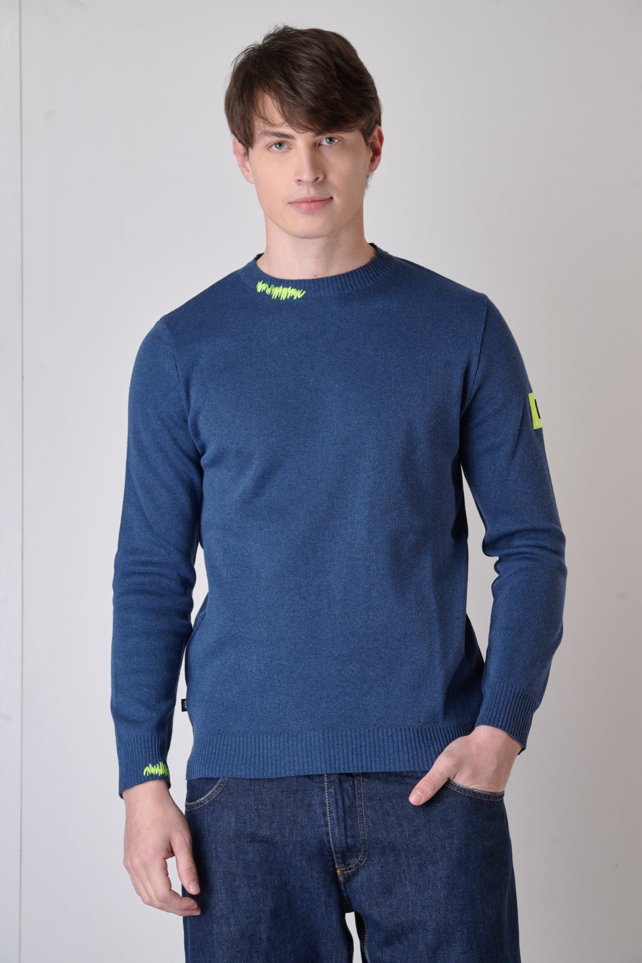 Jeans fabric stitch sweater with embroidery and V2 patch on the arm