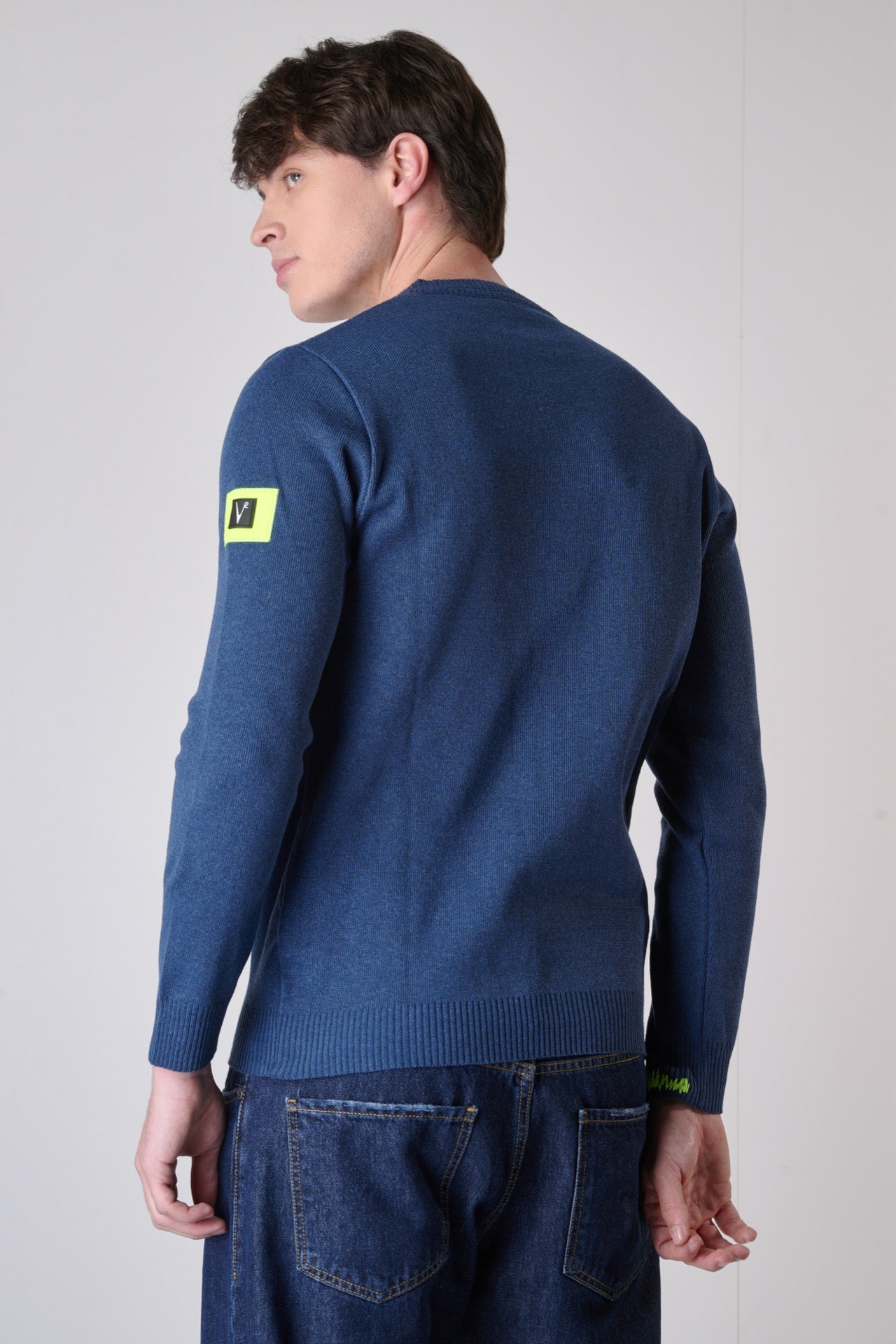 Jeans fabric stitch sweater with embroidery and V2 patch on the arm