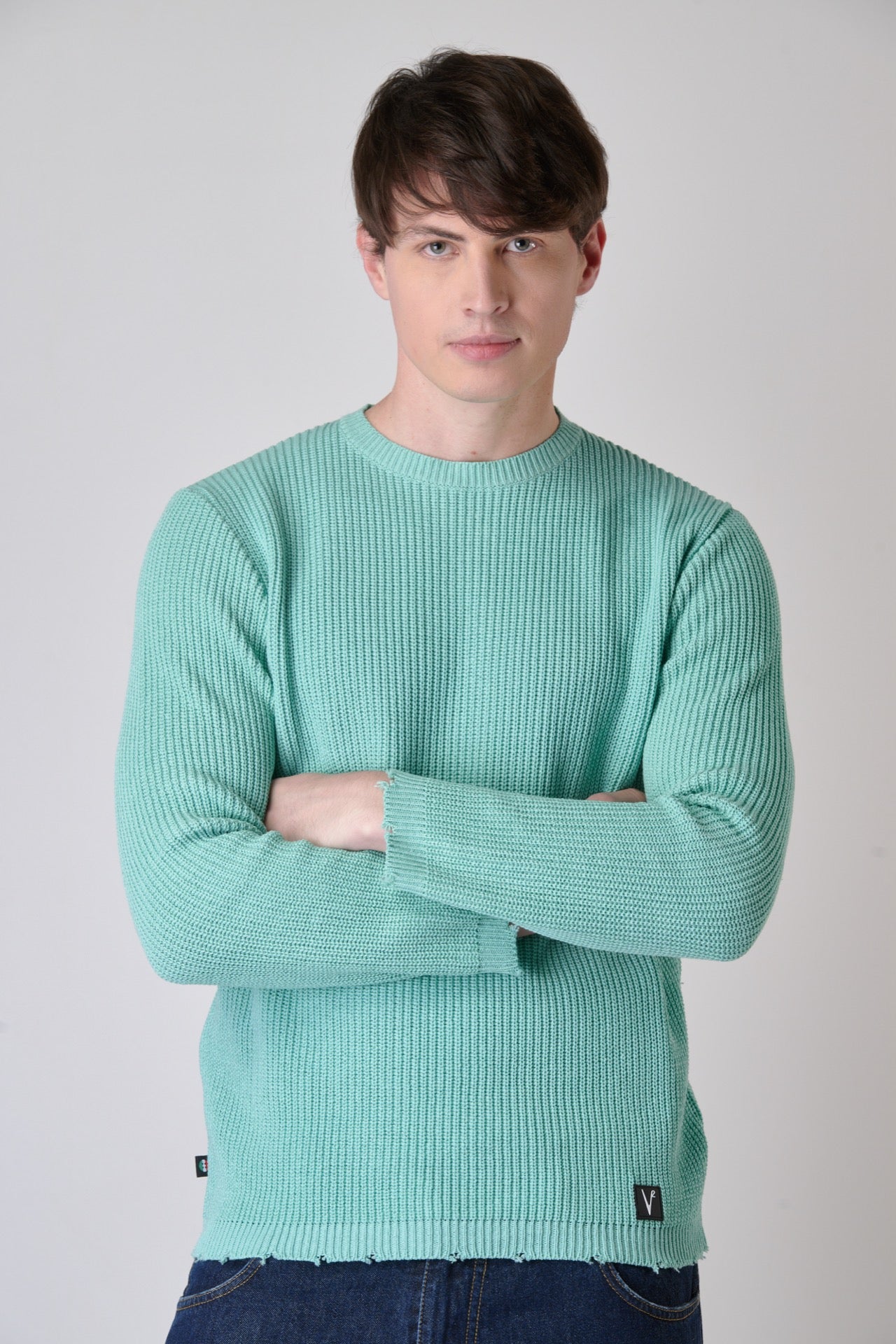 Mint Green crew neck sweater with tears