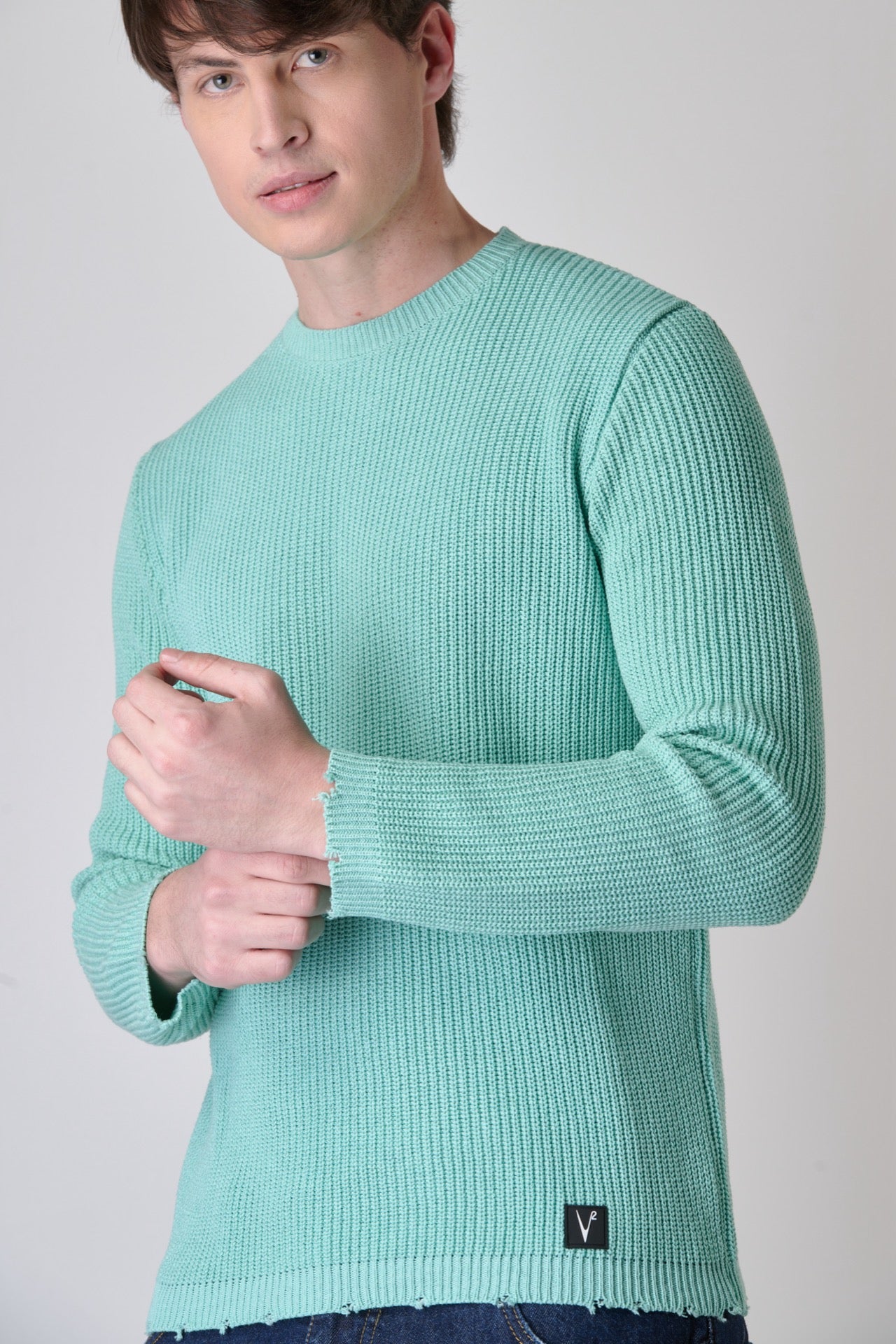 Mint Green crew neck sweater with tears