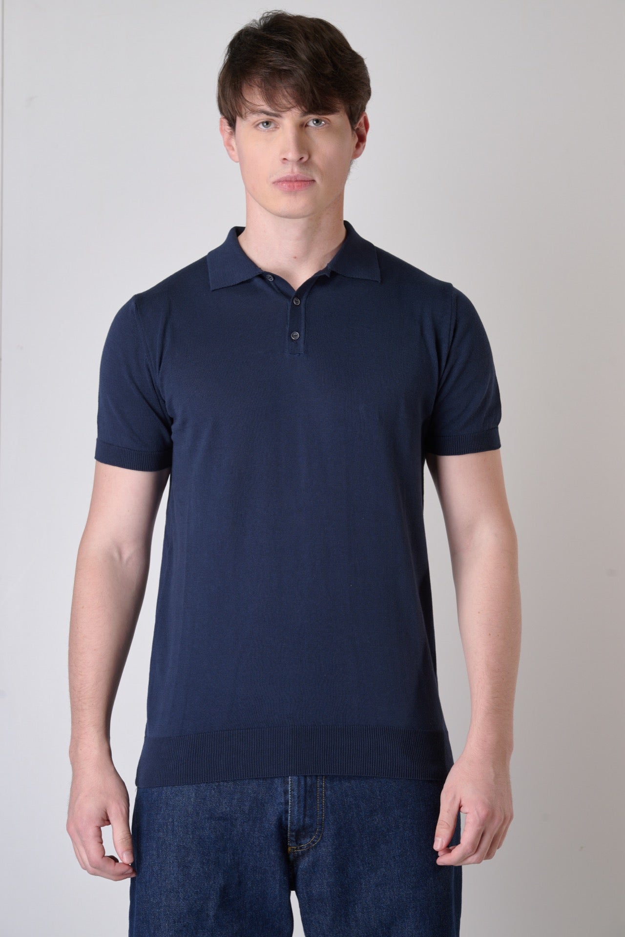 Blue pure cotton knitted polo shirt
