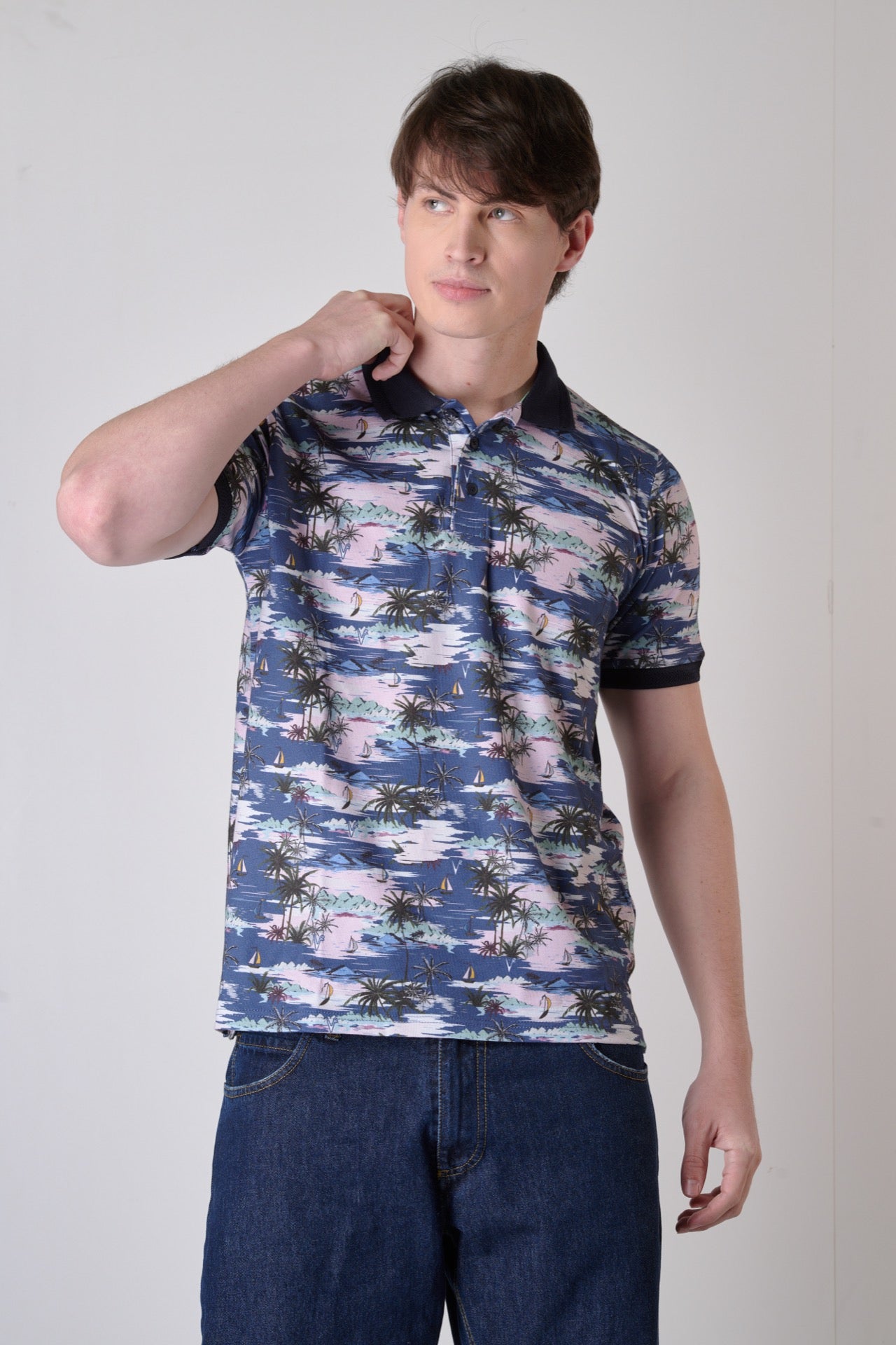 All-over printed polo shirts with Hawaiian pattern