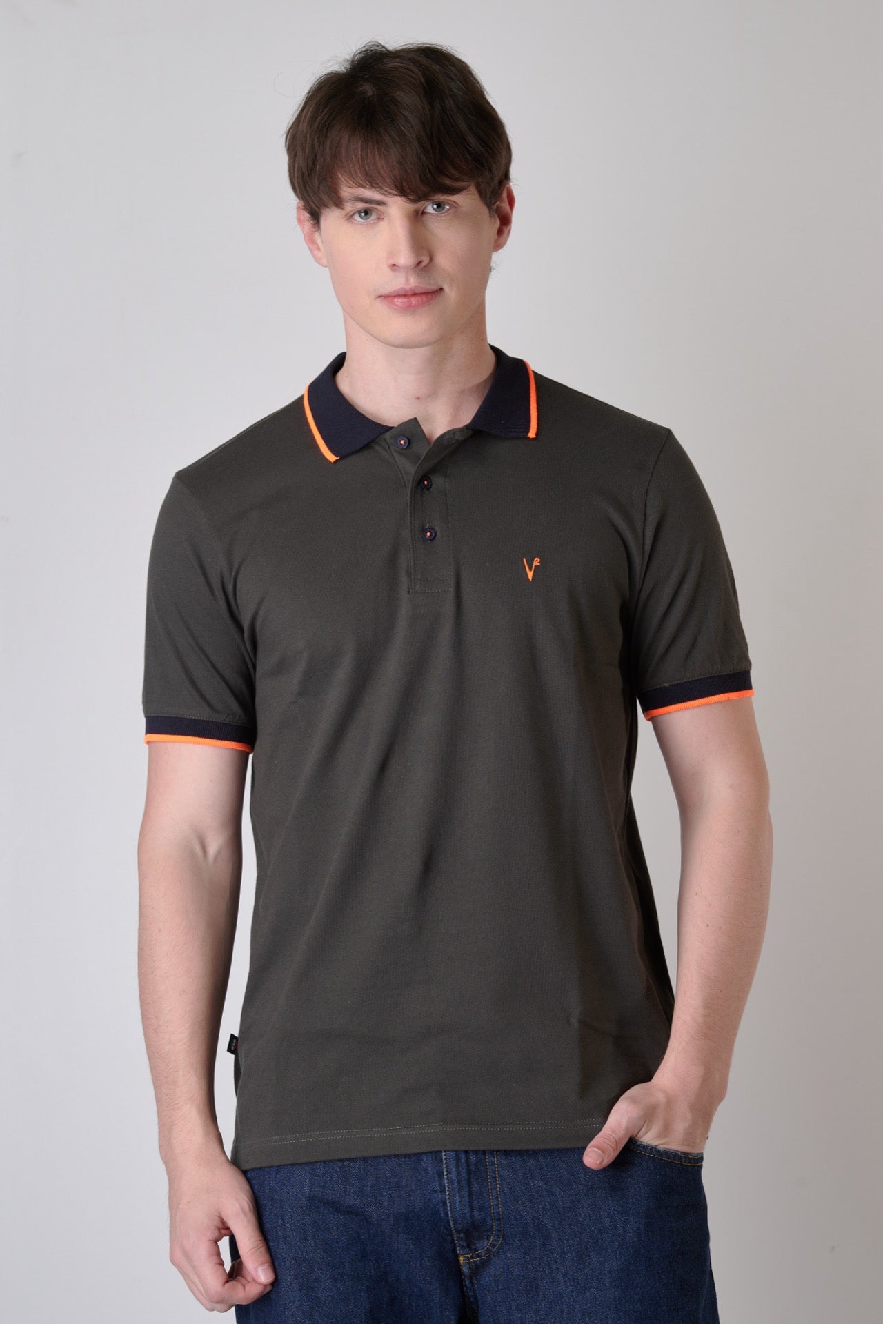 Military Green Polo Shirt with contrasts and Fluo Orange V2 embroidery