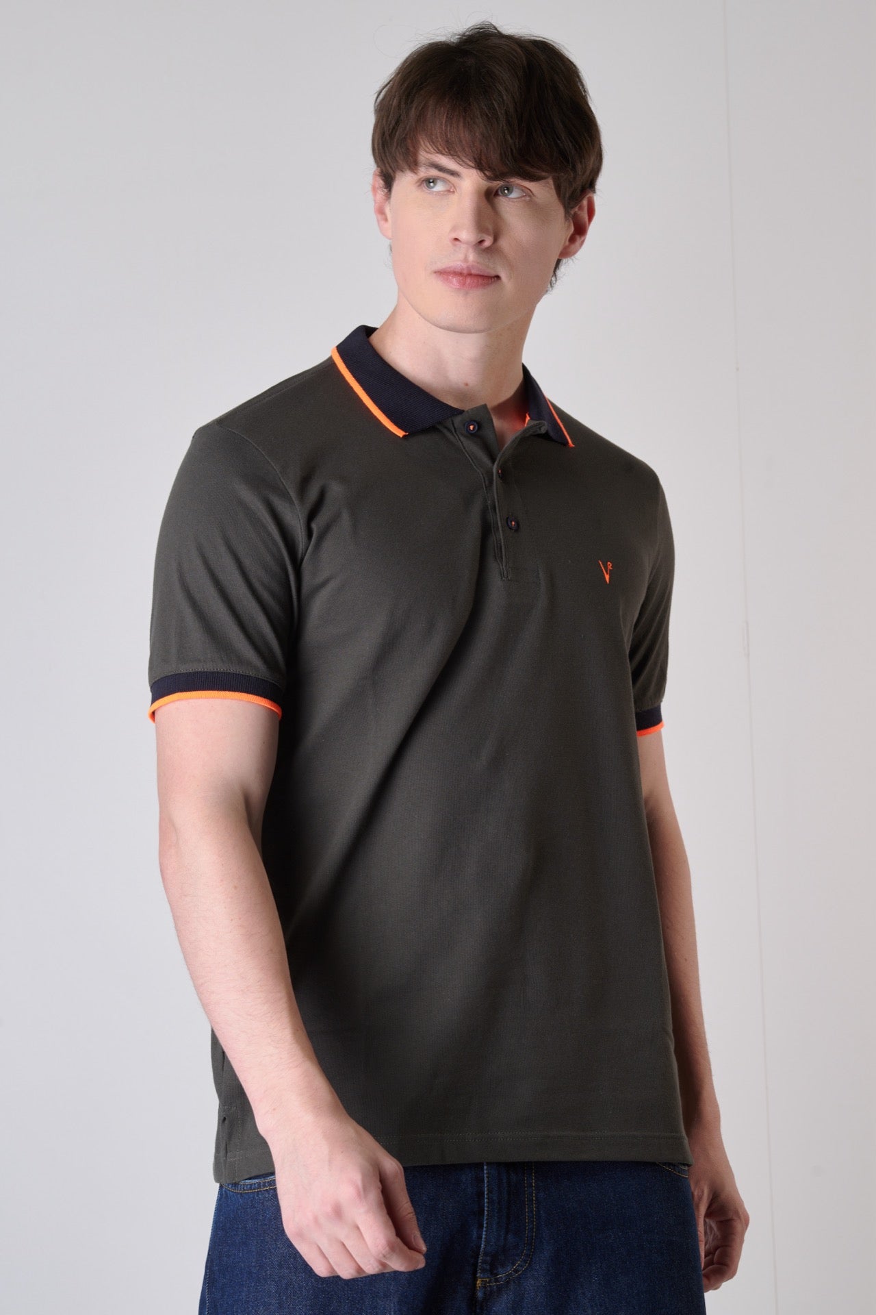 Military Green Polo Shirt with contrasts and Fluo Orange V2 embroidery
