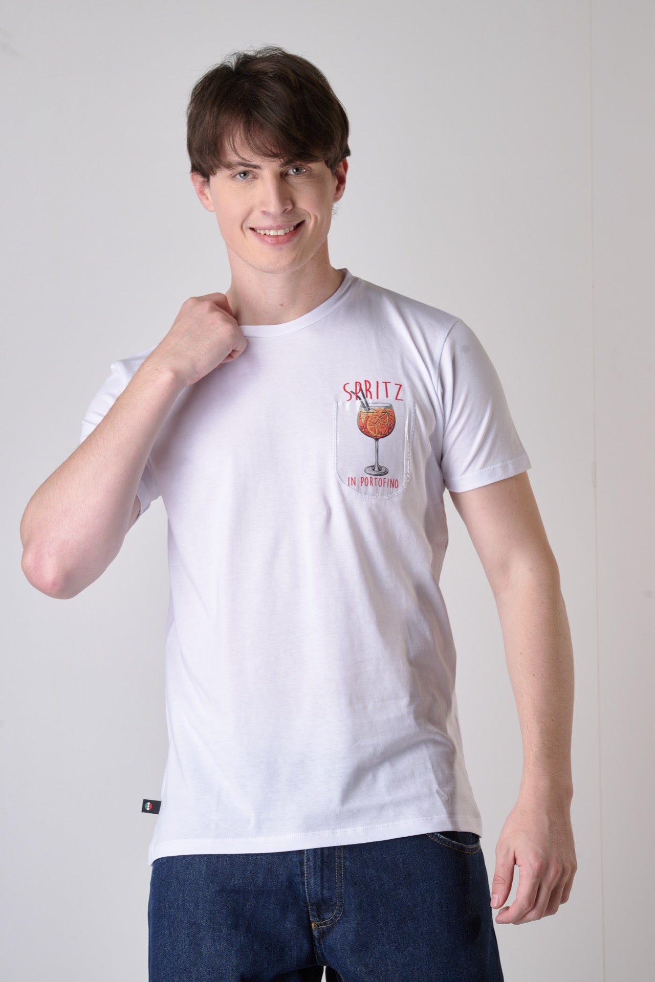 White T-Shirt with transparent pocket and Spritz print