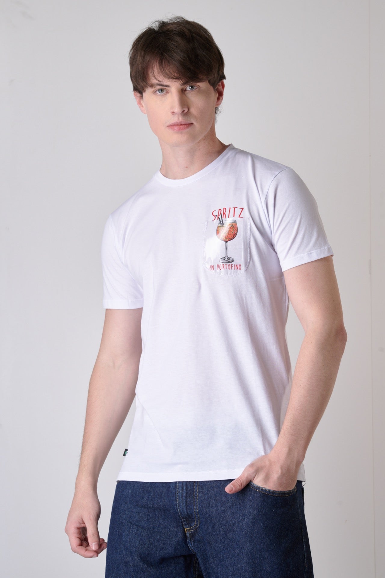 White T-Shirt with transparent pocket and Spritz print